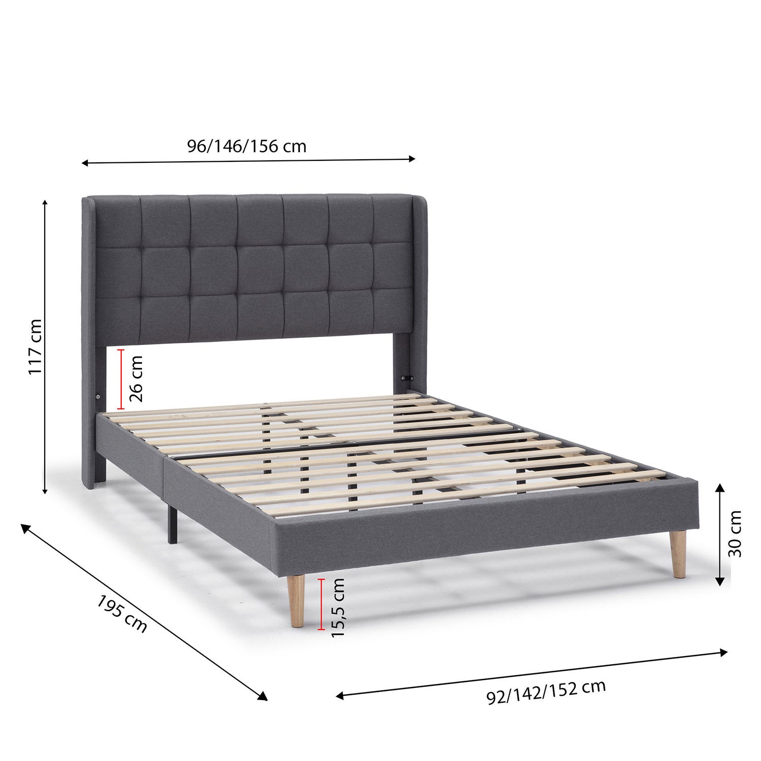 Estructura de Cama tapizada Esther de 30 cm, 150x190 cm, Gris oscuro - 3