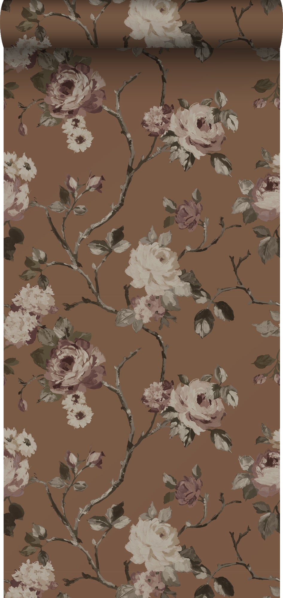 Tapeta zabytkowe kwiaty terakota brązowy - 50 x 900 cm - ESTAHOME