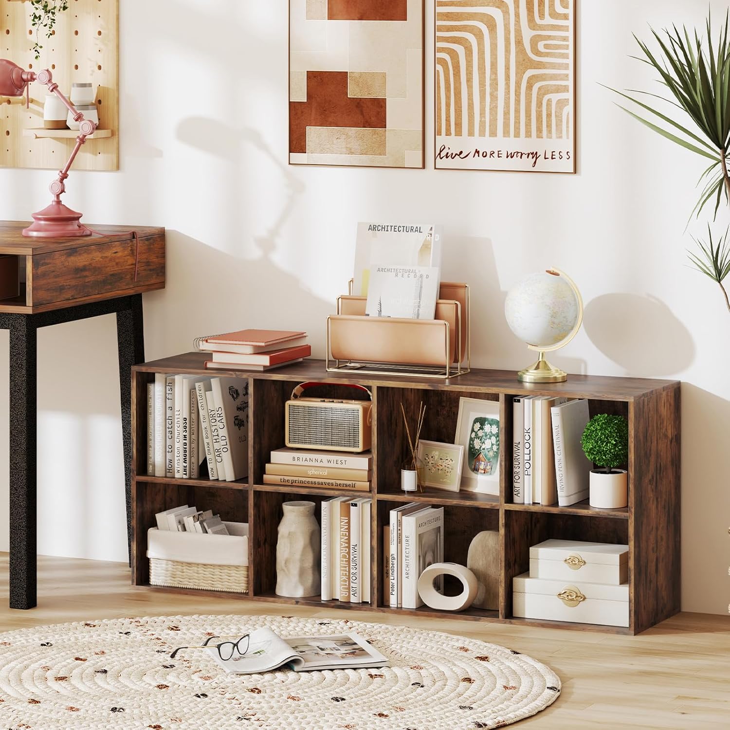 Bibliothèque d'Exposition à 2 Niveaux avec 8 Cubes, Étagère de Rangement Autoportante avec 2 Kits Antibasculement (Marron Rustique) - 2