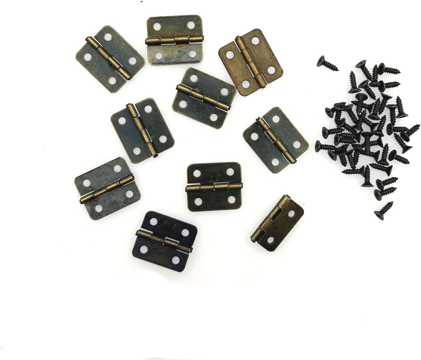 Zestaw 50 mini zawiasów z brązu do szuflad, 18 x 16 mm, małe zawiasy do szafek z małymi śrubkami do domku dla lalek