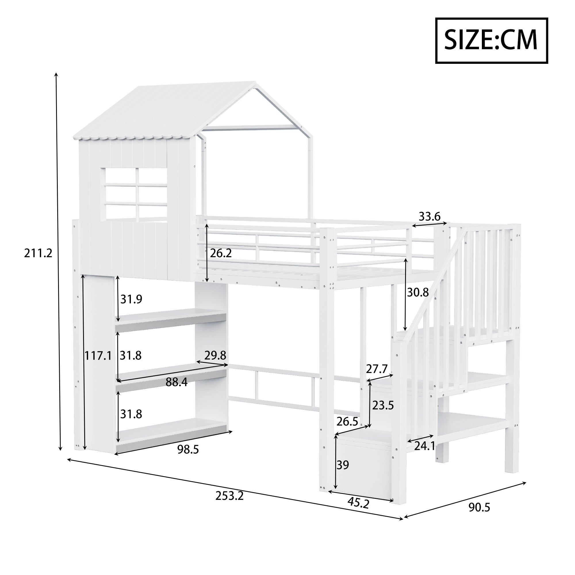 Lit mezzanine 90x200,conception de maison,Lit enfant avec espace de stockage et grille haute protection,Escaliers installables à gauche/droite,Blanc - 4