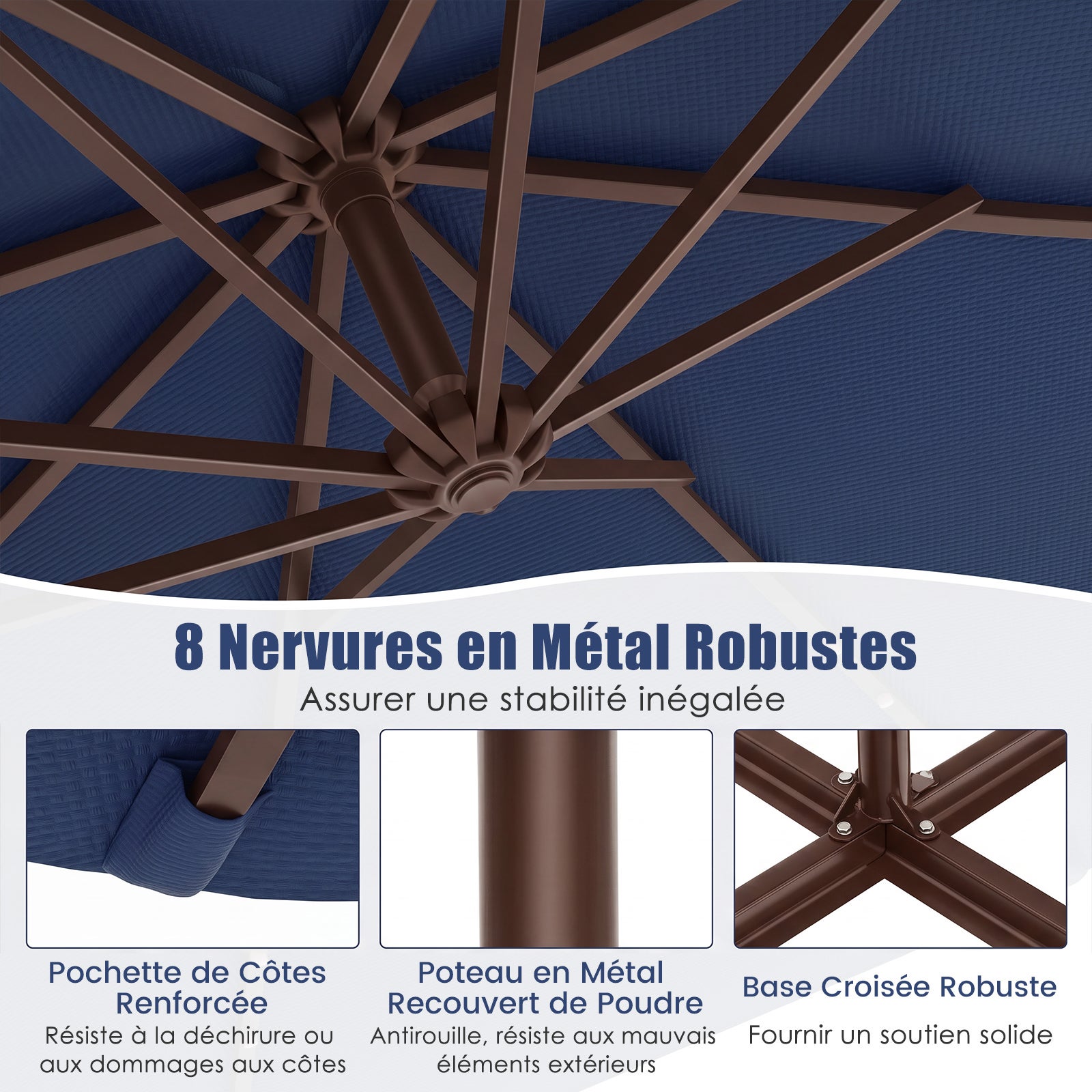 3M Parasol Déporté avec Lumière LED, Parasol de Jardin Extérieur 8 Baleines avec Base Croisée, Grand Parasol Inclinable avec Manivelle (Bleu Marine) - 4