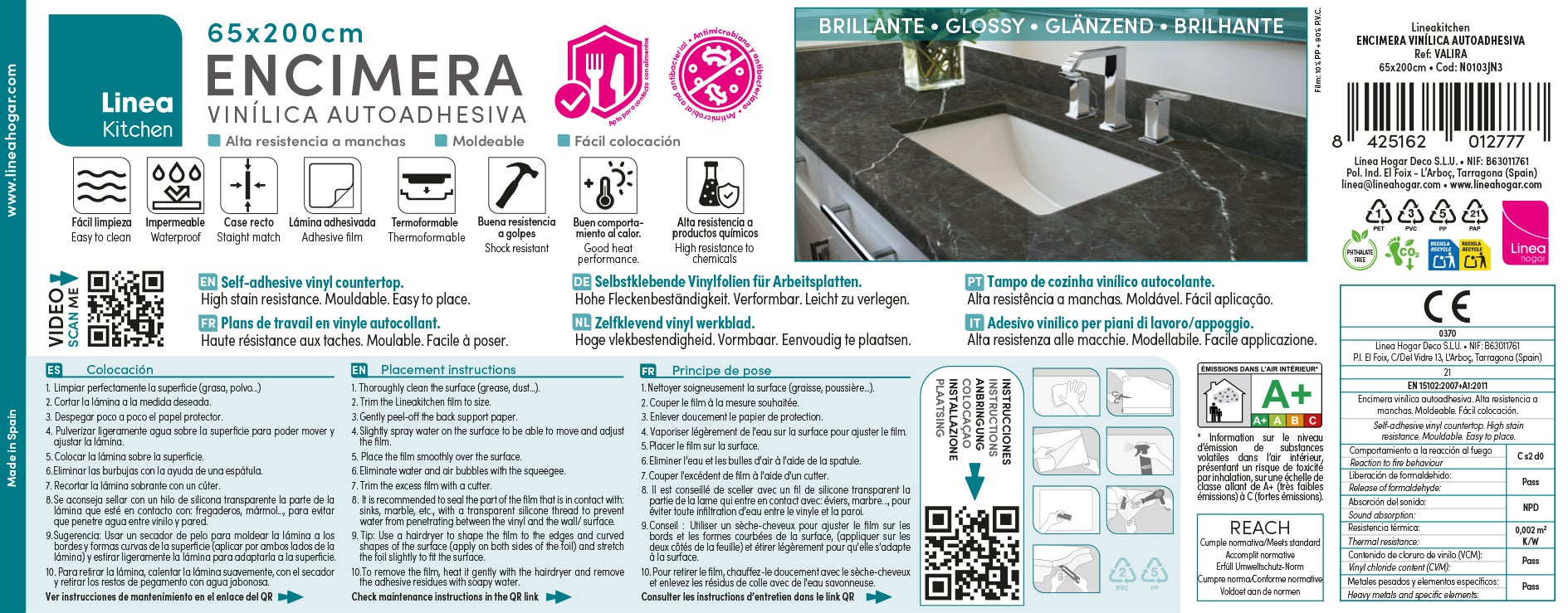 VALIRA: Vinyle adhésif pour plan de travail de cuisine et salle de bain. Résistant aux taches. Imperméable. Facile à poser et à nettoyer. 0,65x2m - 12