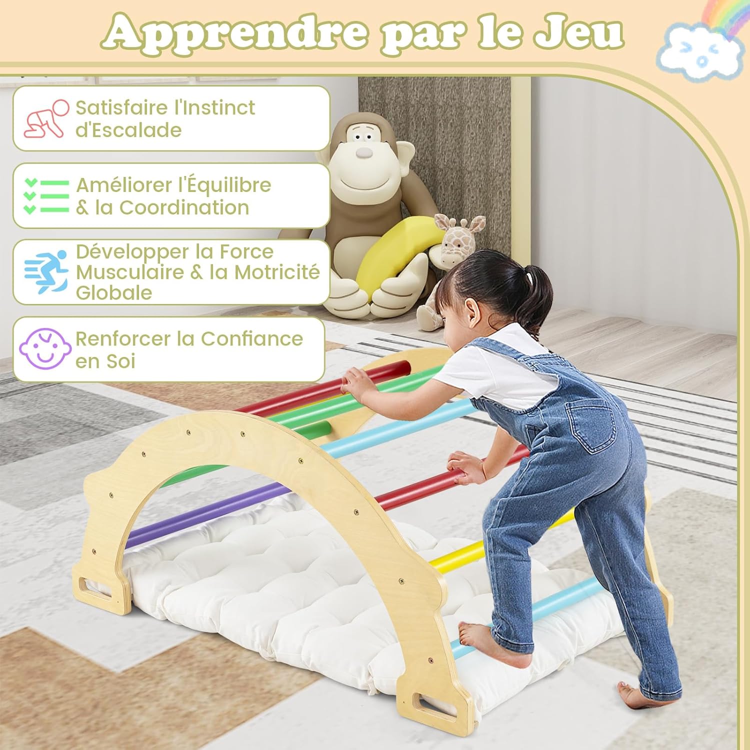 4 en 1 Arche d’Escalade en Bois Enfants avec Coussin Moelleux, Arche à Bascule, Charge 50KG, 3 Ans+ - 3