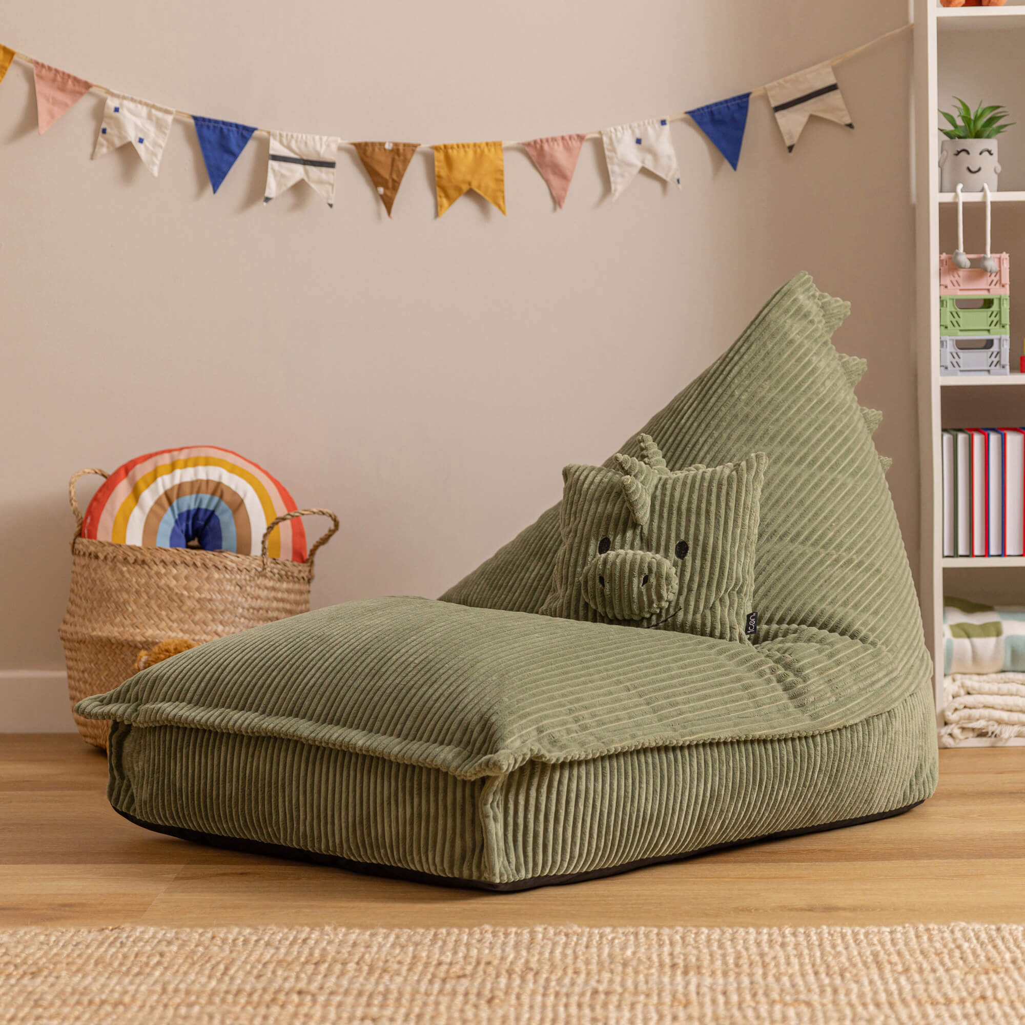 Pouf enfant Icon chauffeuse animal avec coussin, velours côtelé, dinosaure vert, chambre, salon, 102x72cm Oeko-Tex® - 2