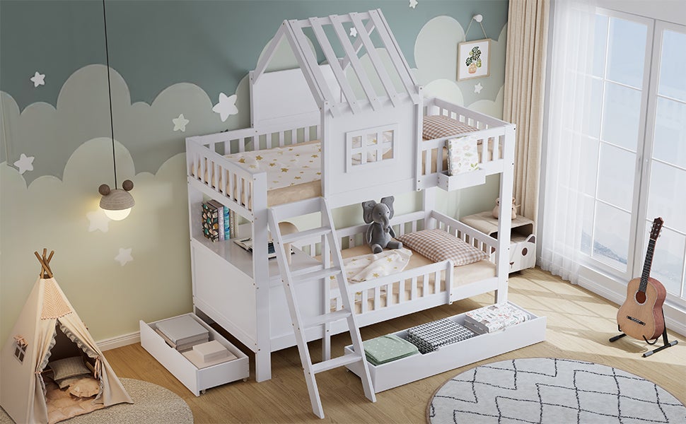 Letto a castello, letto per bambini, due cassetti con rotelle, tetto e finestra attraenti, bianco, 90x200cm - 8