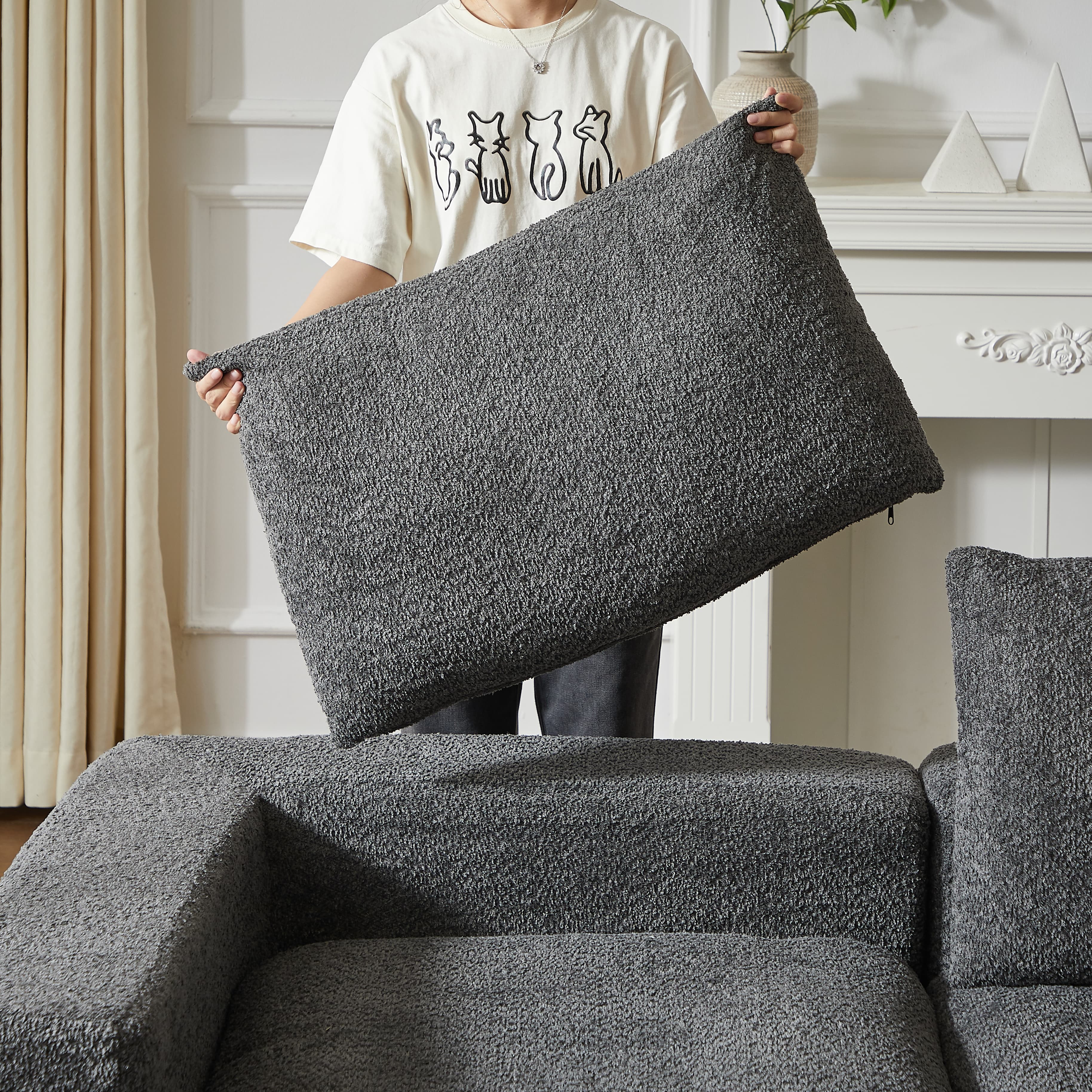 Canapé et chaise longue en chenille, canapé modulable combinable avec chaise longue en forme de L, canapé en mousse compressée - 9