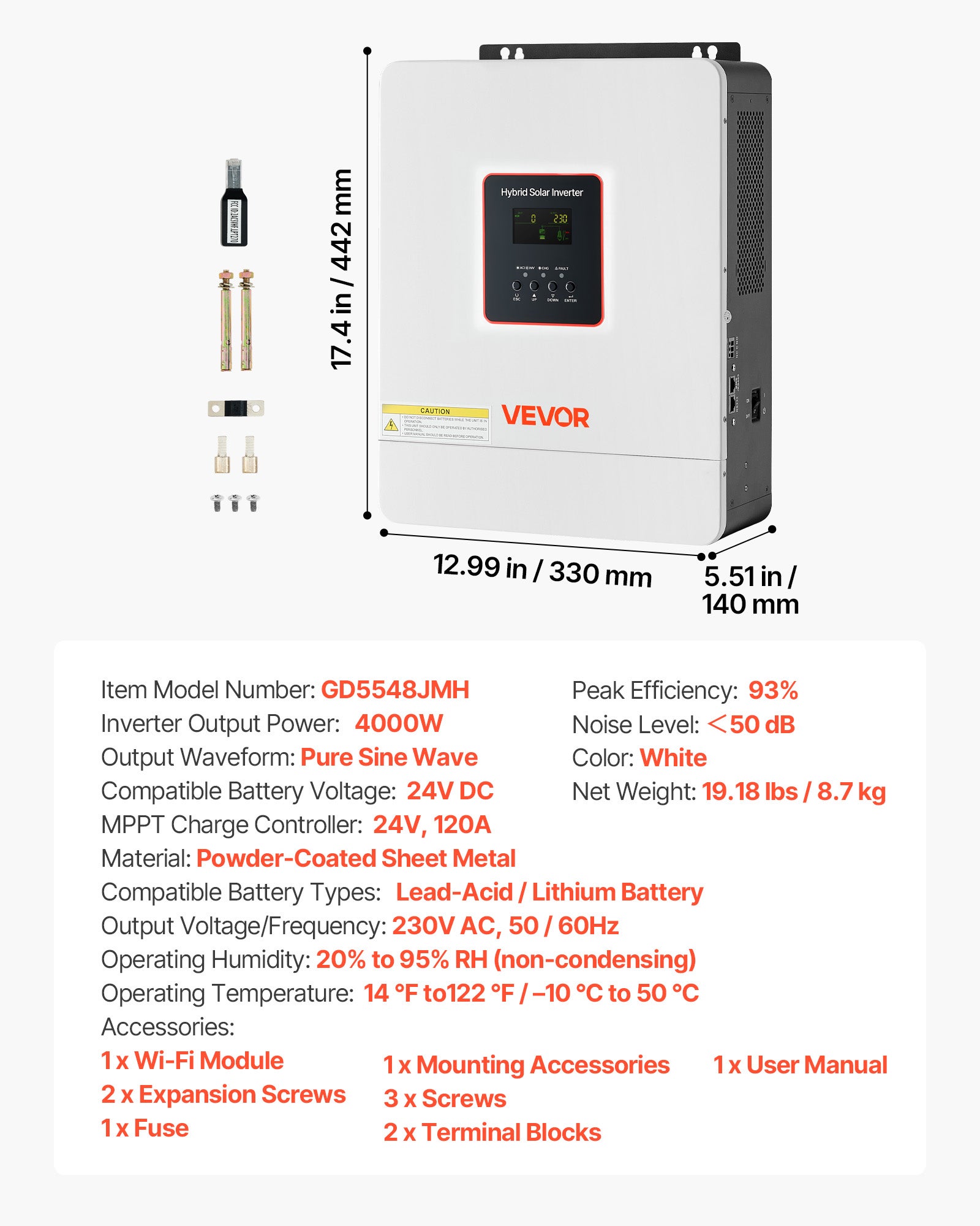 Onduleur Hybride VEVOR 4000 W Onduleur Solaire Hybride 24 V CC à 230 V CA Compatible Batterie Plomb-acide Lithium pour Systèmes Hors Réseau - 7