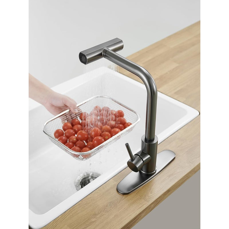 Szara bateria kuchenna typu wodospad, obrotowa 360°, wyciągana wylewka, pojedyncza rączka, stal nierdzewna, montaż 1 lub 3 otworów