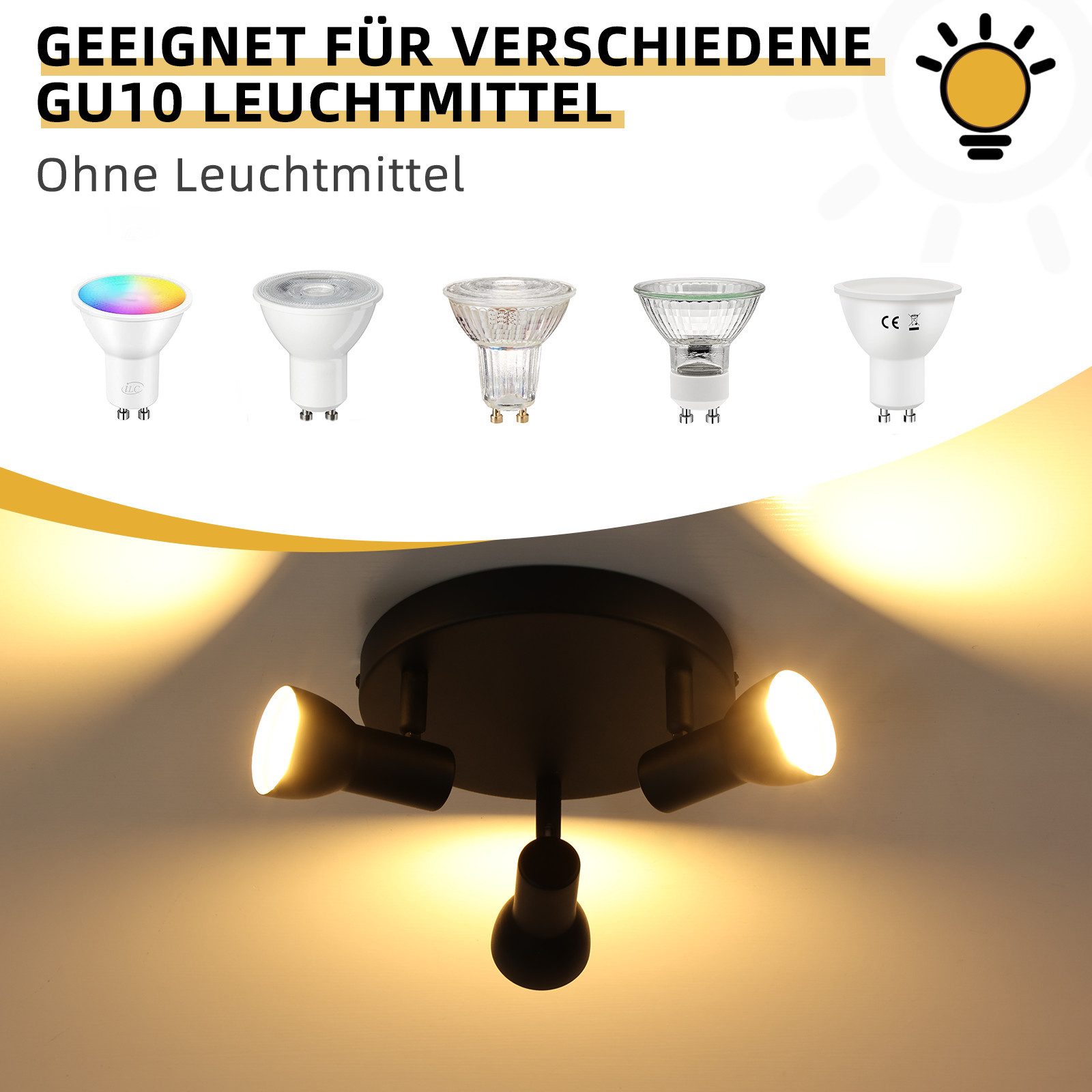 Spot de plafond NETTLIFE 3 flammes, plafonnier noir, design moderne, spots de plafond ronds en métal, culot GU10 - 3