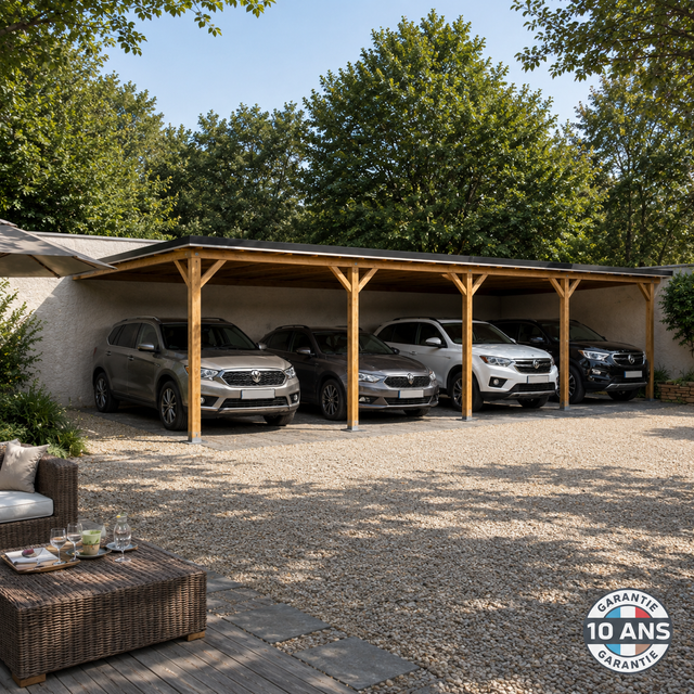 Carport adossé Bois Douglas Français 37 m² - Toit plat - 30 x 125 - 5 poteaux - Garantie 10 ans