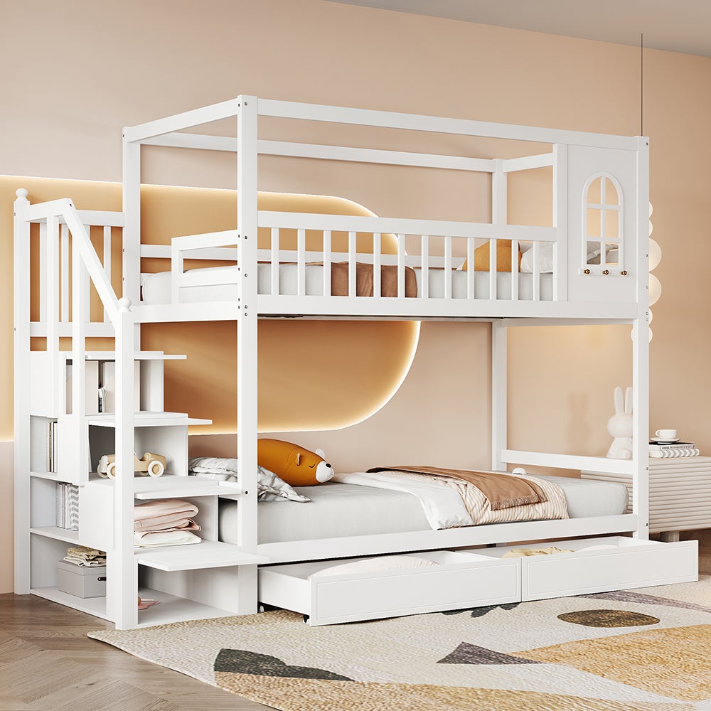 Lit Superposé Enfant Maisonnette 90x200 Avec Escalier Et Tiroirs - Pin Massif, Capacité 120 Kg, Blanc