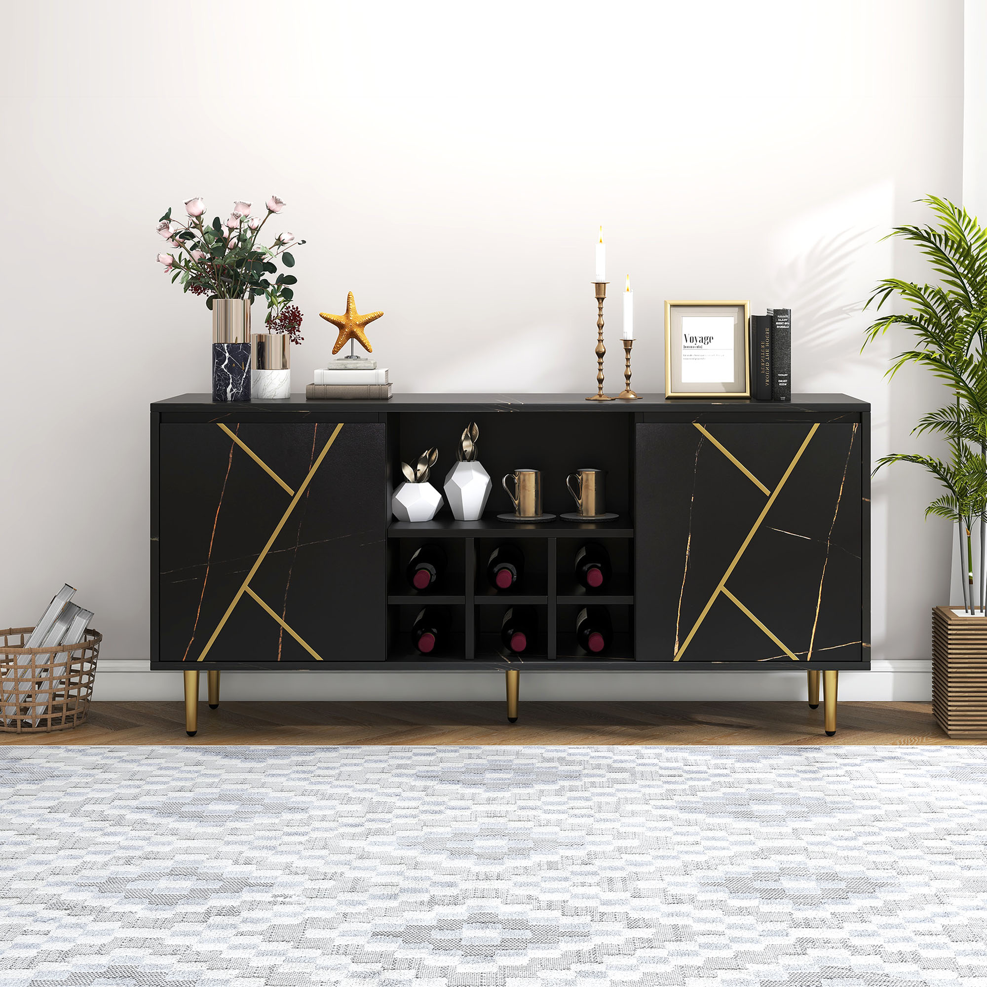 Kimenich Buffet Cuisine Meuble Rangement Multiprise, Grand Espace Étagères Réglables, Armoire 3 Tiroirs Étagère Vin Amovible, Plan Travail, 103,5*40*180 Cm, Noir DJ503260