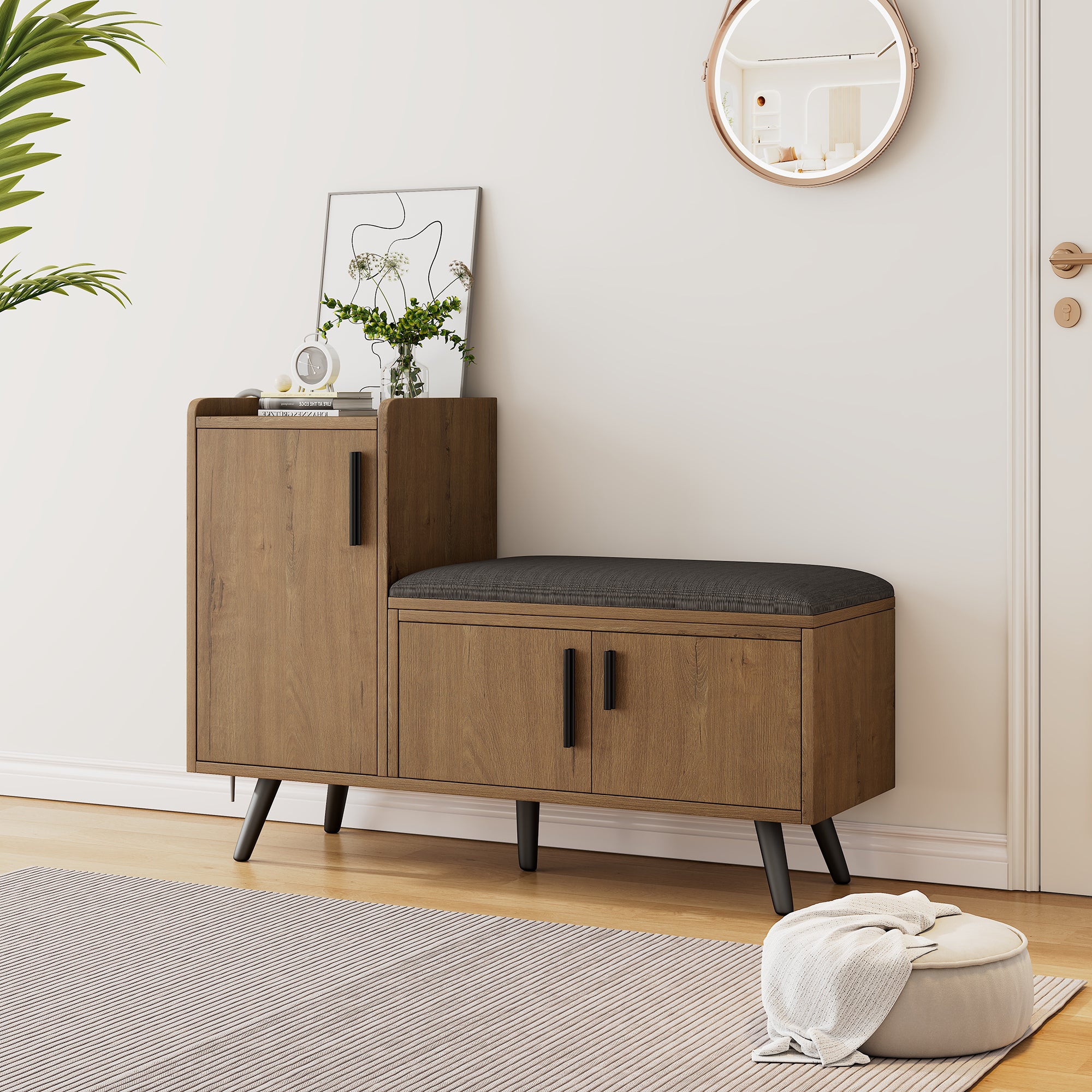 Panca moderna portascarpe con 3 ante e cuscino - gambe e maniglie in metallo - colore naturale - 100 x 34 x 69 cm - 6