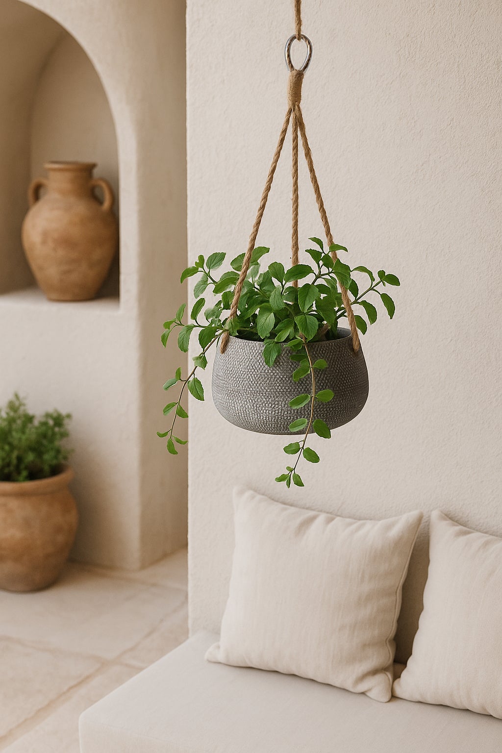 POT EN CÉRAMIQUE ROND BEIGE SUSPENDU AVEC CORDE Ø21x12 CM - 3