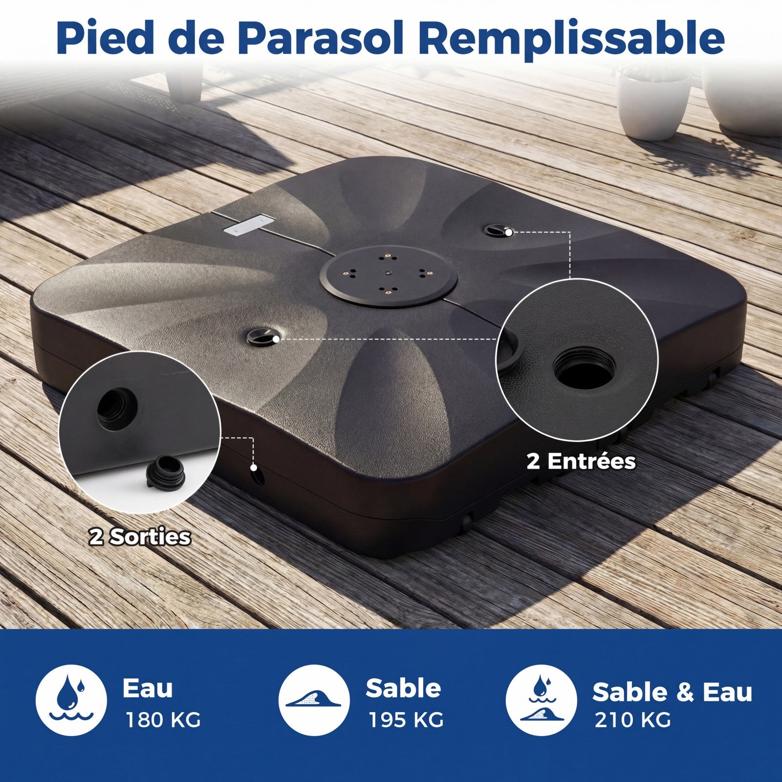 Pied de Parasol Extérieur 210KG avec Roulettes, Support de Parasol 105CM Décalé Robuste, Base Carrée Remplissable d'Eau&de Sable, Portable pour Jardin - 5