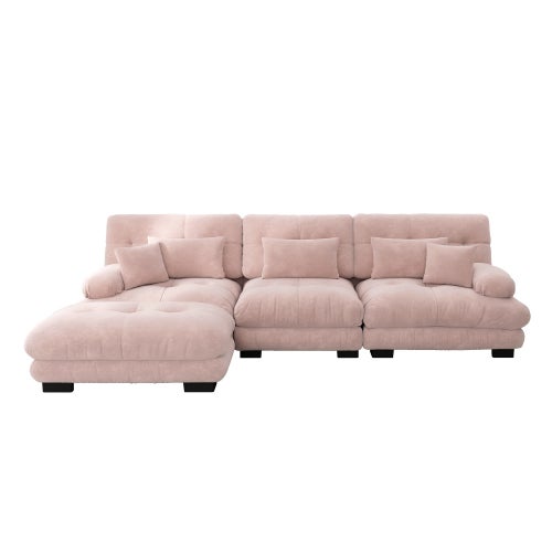 Canapé d'angle, canapé en U pour salon à 3 place avec pouf amovible, en tissu, rose - 5
