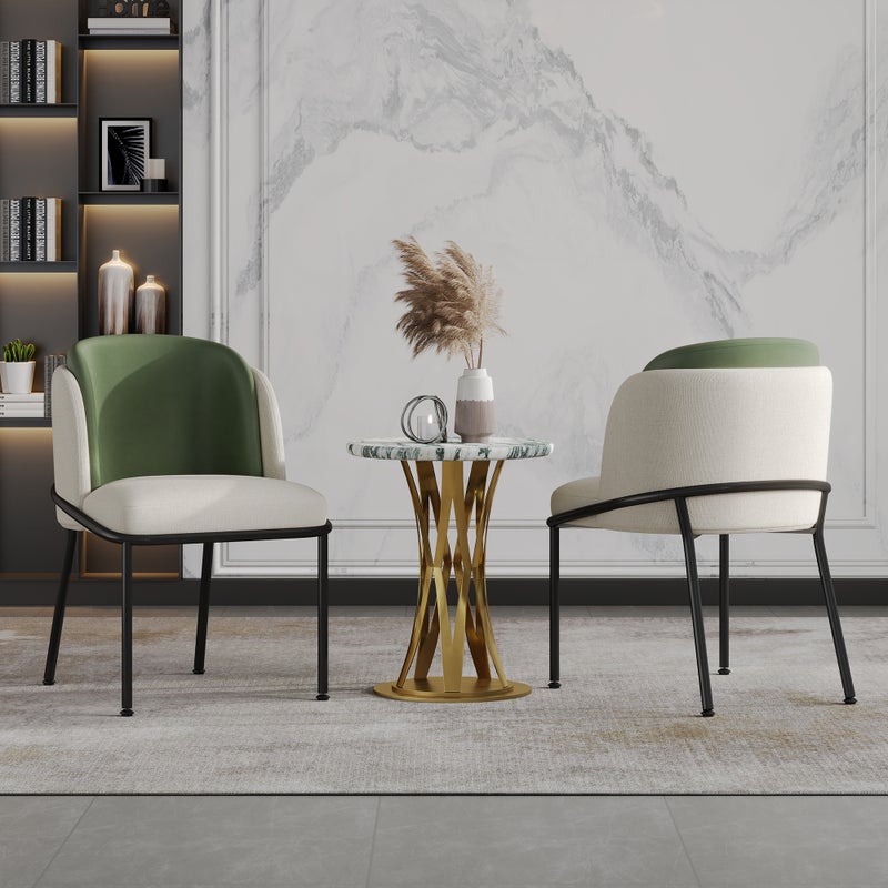 Komplet 2 krzeseł do jadalni z podłokietnikami - 55 x 55 x 85 cm - Len i tkanina ze skóry ekologicznej, nogi metalowe w kolorze czarnym - Beż i zieleń