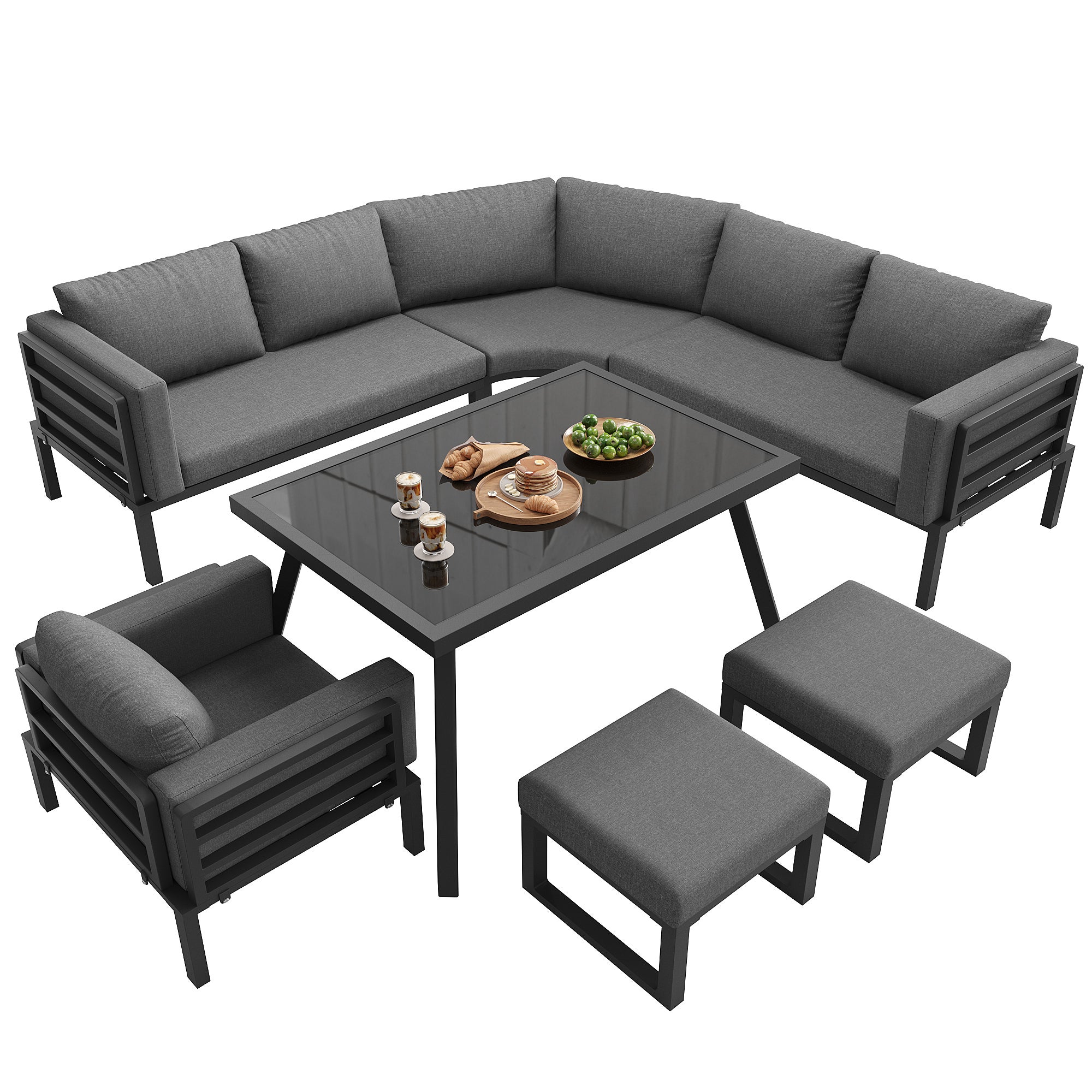 Conjunto Jardín Exterior en Forma de Media Luna para 8 Plazas / Estructura robusta de Hierro+Cojines / Mesa de Cristal+ 1 Sillón+ 2 Taburetes - Gris - 4