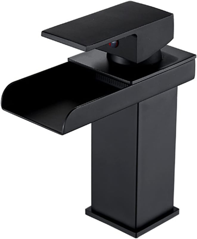 Bateria umywalkowa typu wodospad, bateria zlewozmywakowa jednouchwytowa, ciepła i zimna woda (czarna, krótka)