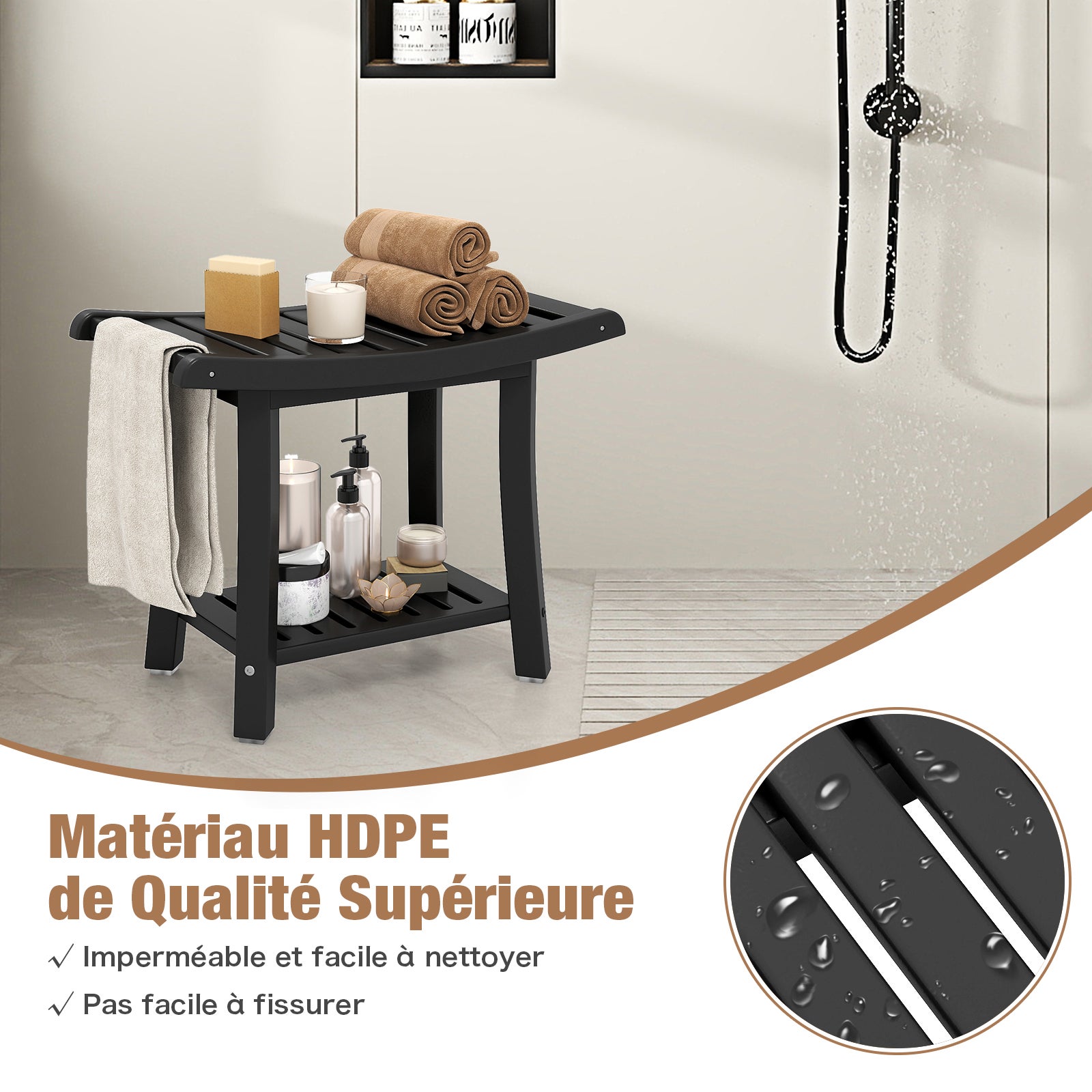 Tabouret Salle de Bain 2 Niveaux en PEHD Étanche, Banc de Douche Antidérapants Siège Incurvé pour Enfants et Adultes Charge 150kg, Noir - 2