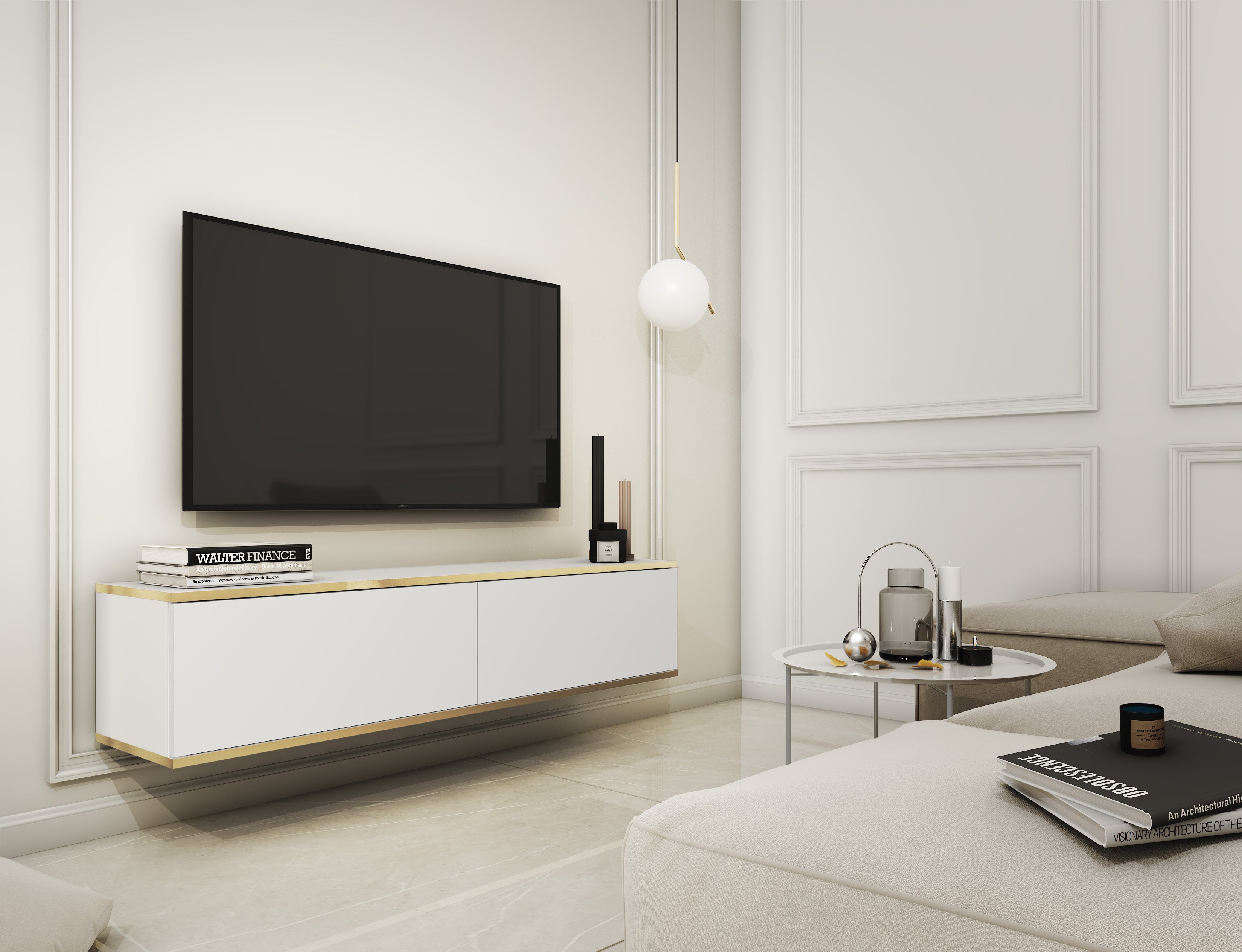 Szafka RTV, biała, 135 x 30 x 32 cm, otwierana na naciśnięcie - 2