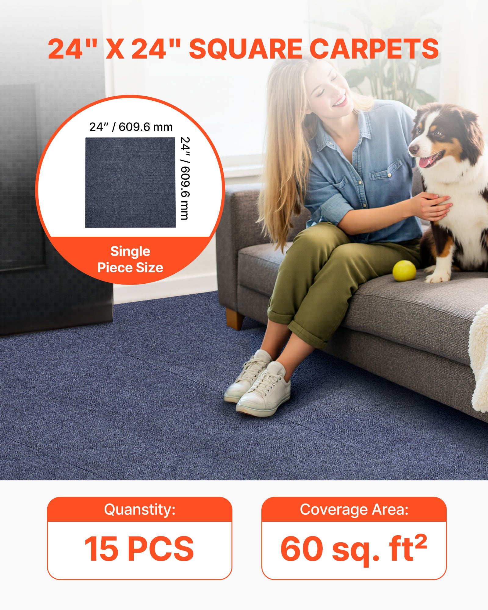 Dalles de moquette VEVOR 61x61 cm, lot de 15, autocollantes, revêtement commercial doux et rembourré, remplacement facile pour salon ou bureau, gris - 2