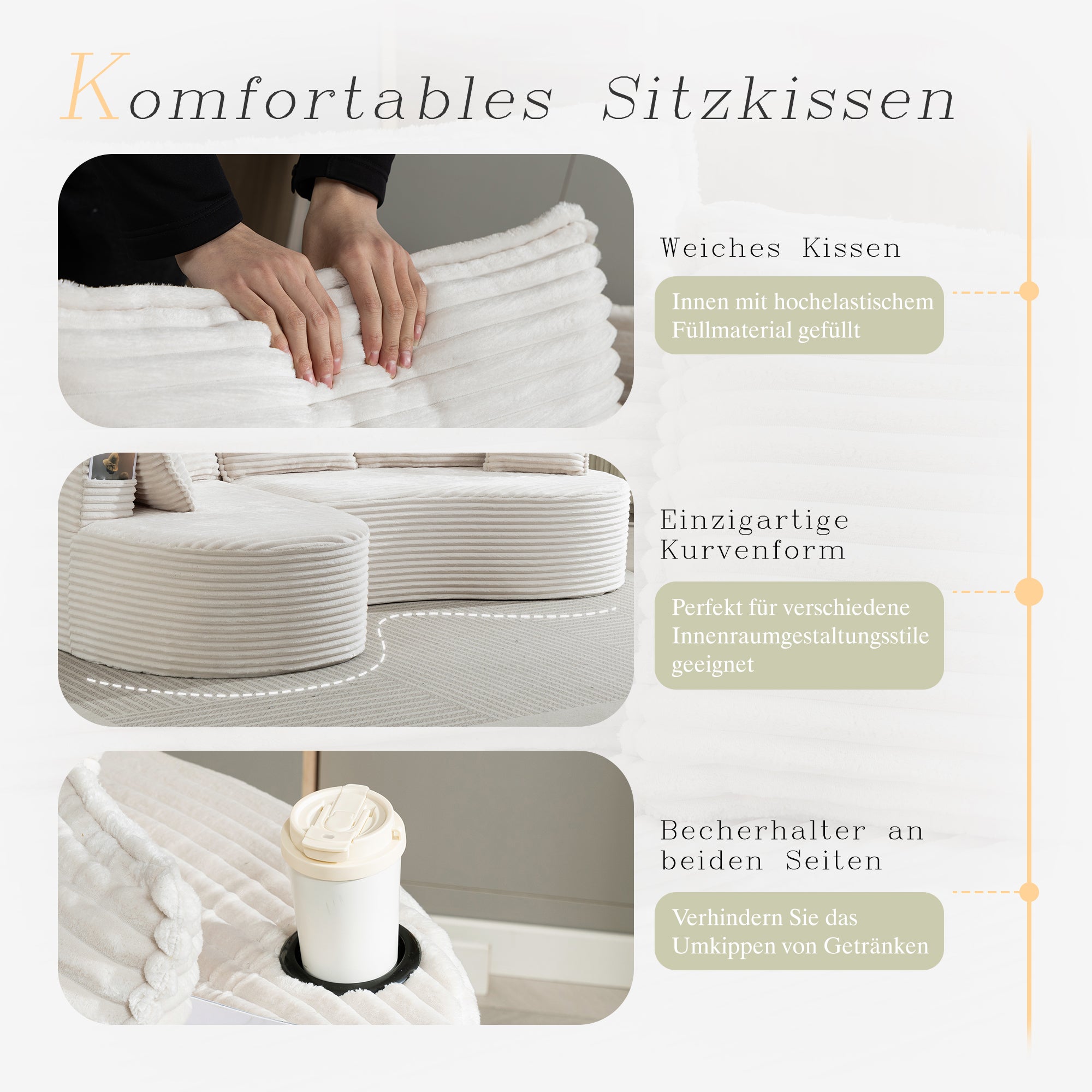Canapé incurvé en velours côtelé souple 250 x 152 x 82 cm Canapé 3-4 Places avec porte-gobelet, poche de rangement et Coussins Beige - 4