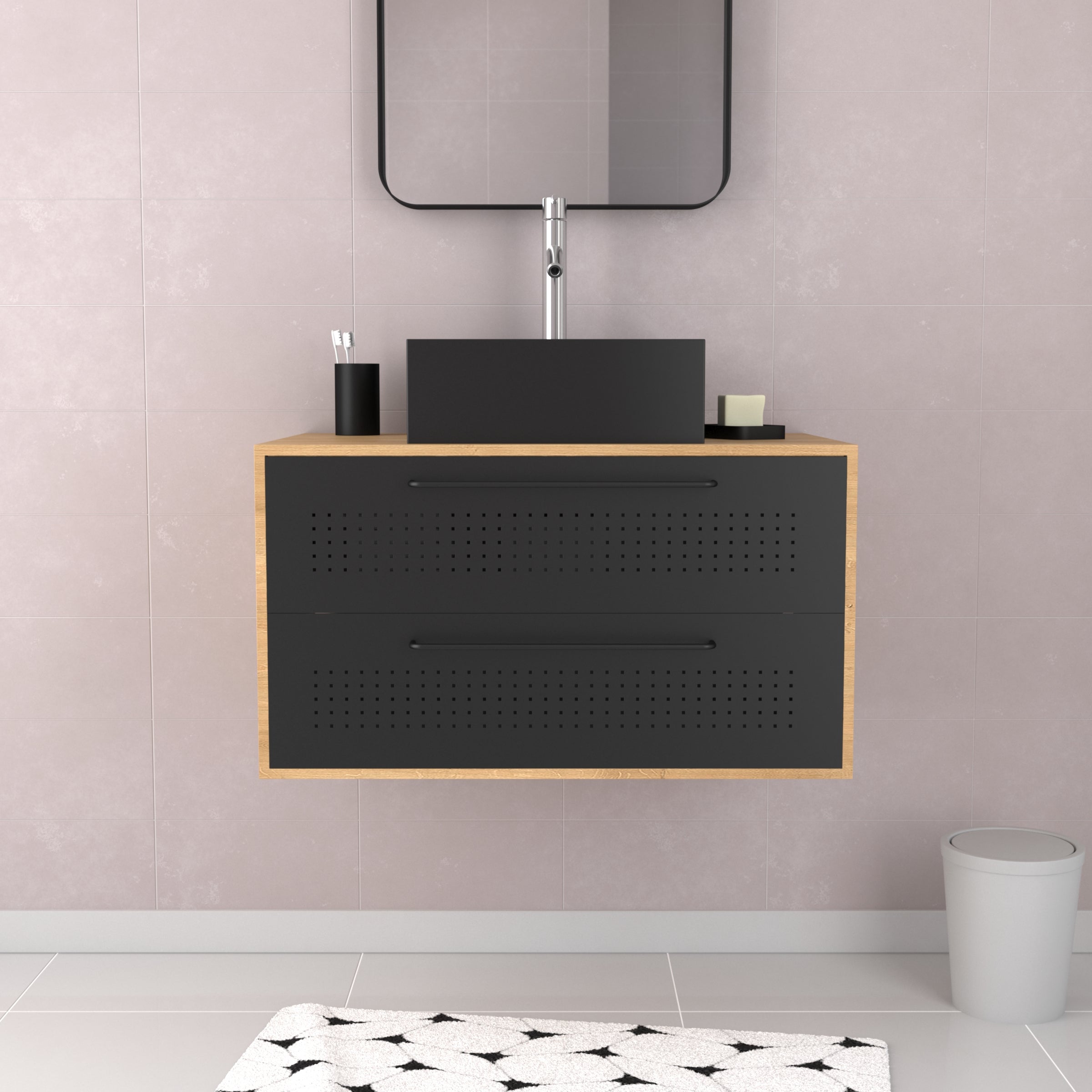 Meuble de Salle de Bains 80 cm avec Vasque Carrée - Finition Chêne naturel et Noir Mat - UBY - 6