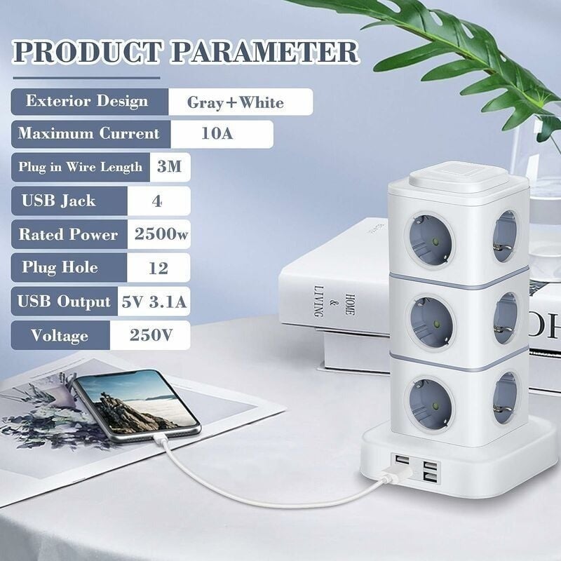 Multiprise 12 prises (2&nbsp;500 W/10 A) avec 4 ports USB, multiprise verticale avec parasurtenseur pour la maison et le bureau, rallonge de 3 m - 2