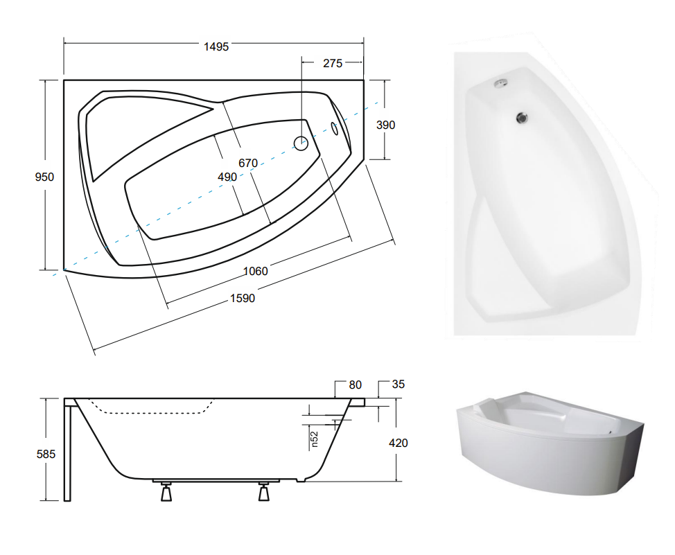 Baignoire d'angle asymétrique gauche RIMA avec tablier - Dimensions: 150cm - 5