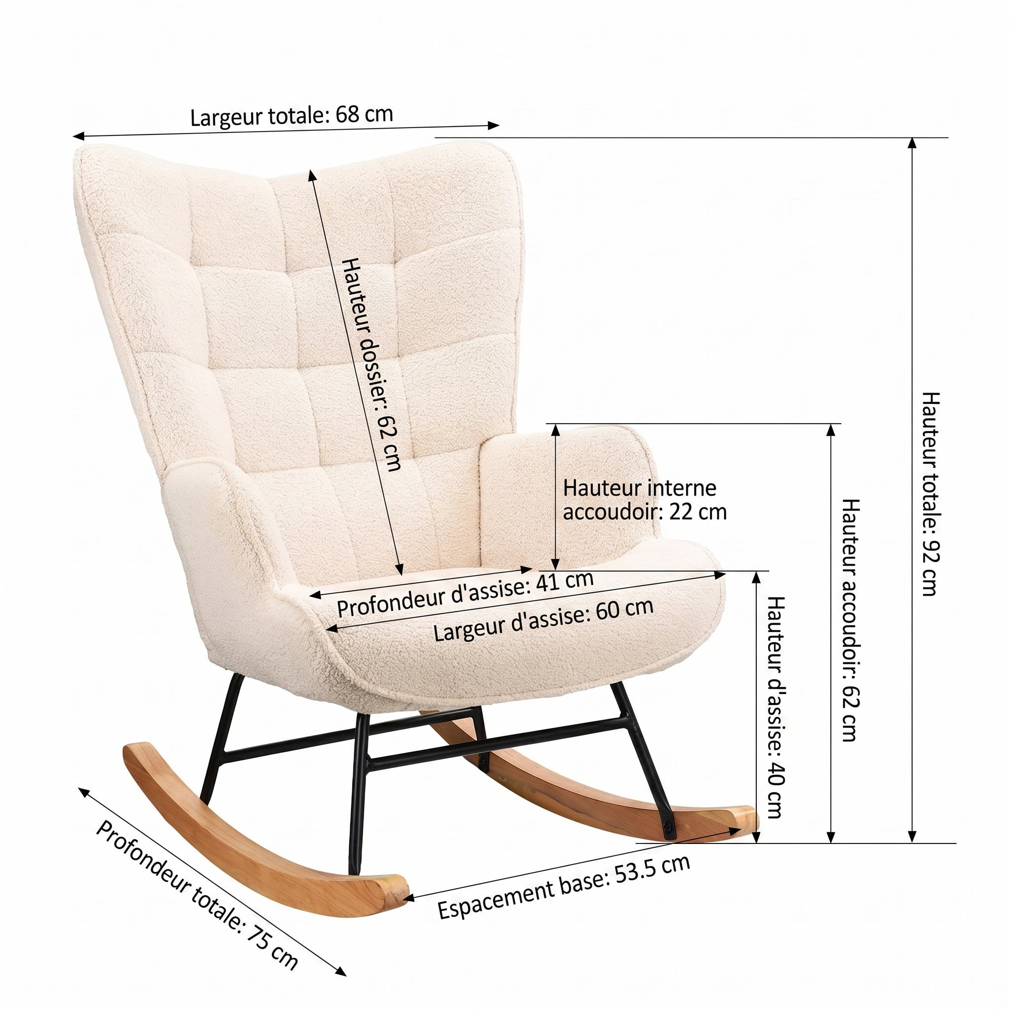 Fauteuil à Bascule Rocking Chair 68x75x92cm – Fauteuil Allaitant Rembourré avec Dossier Haut Capitomné et Accoudoirs – Peluche - Beige&nbsp; - 9