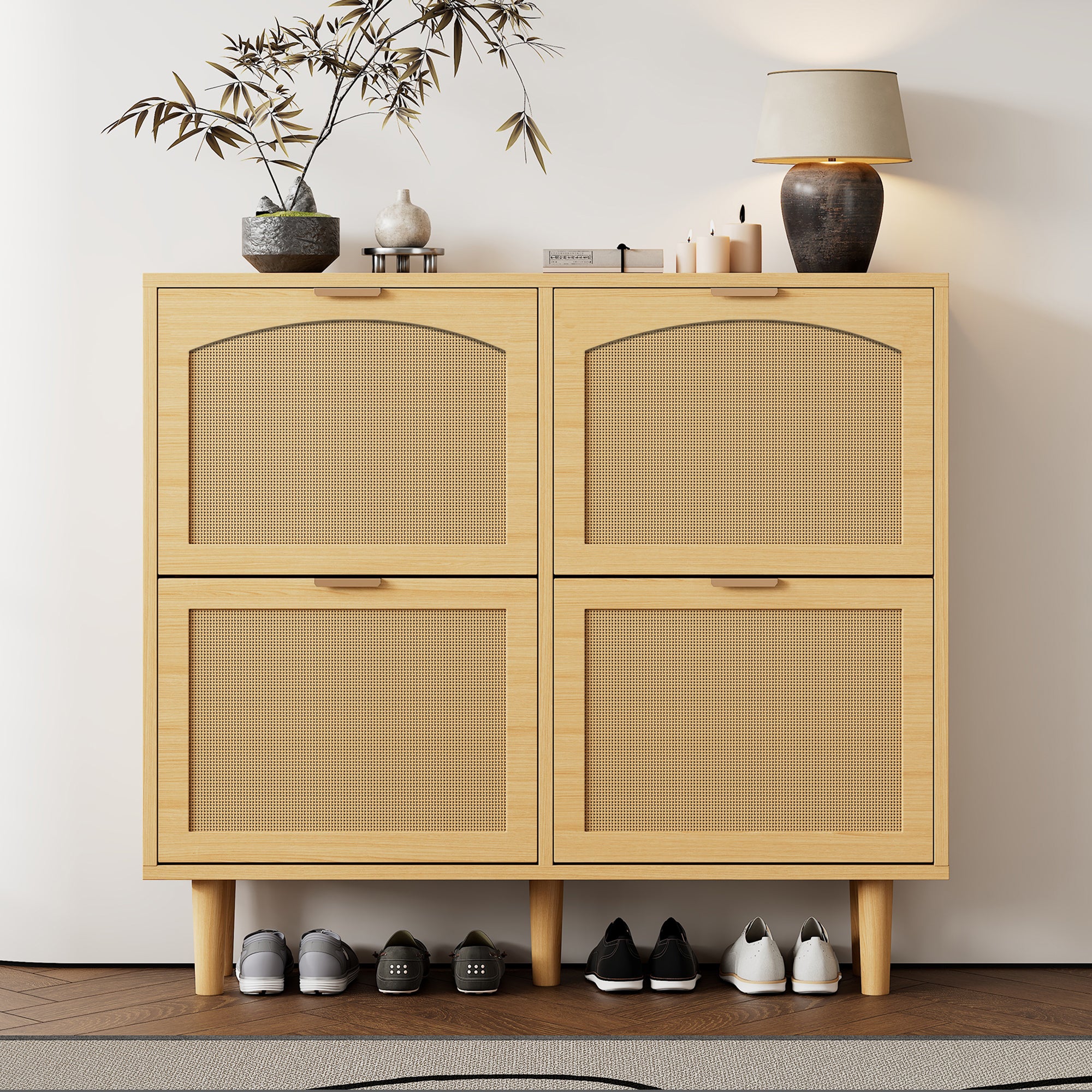 Meuble à chaussures avec 4 tiroirs rabattables en rotin - 100 x 25 x 90 cm - Panneau de particules - Chêne clair - 4