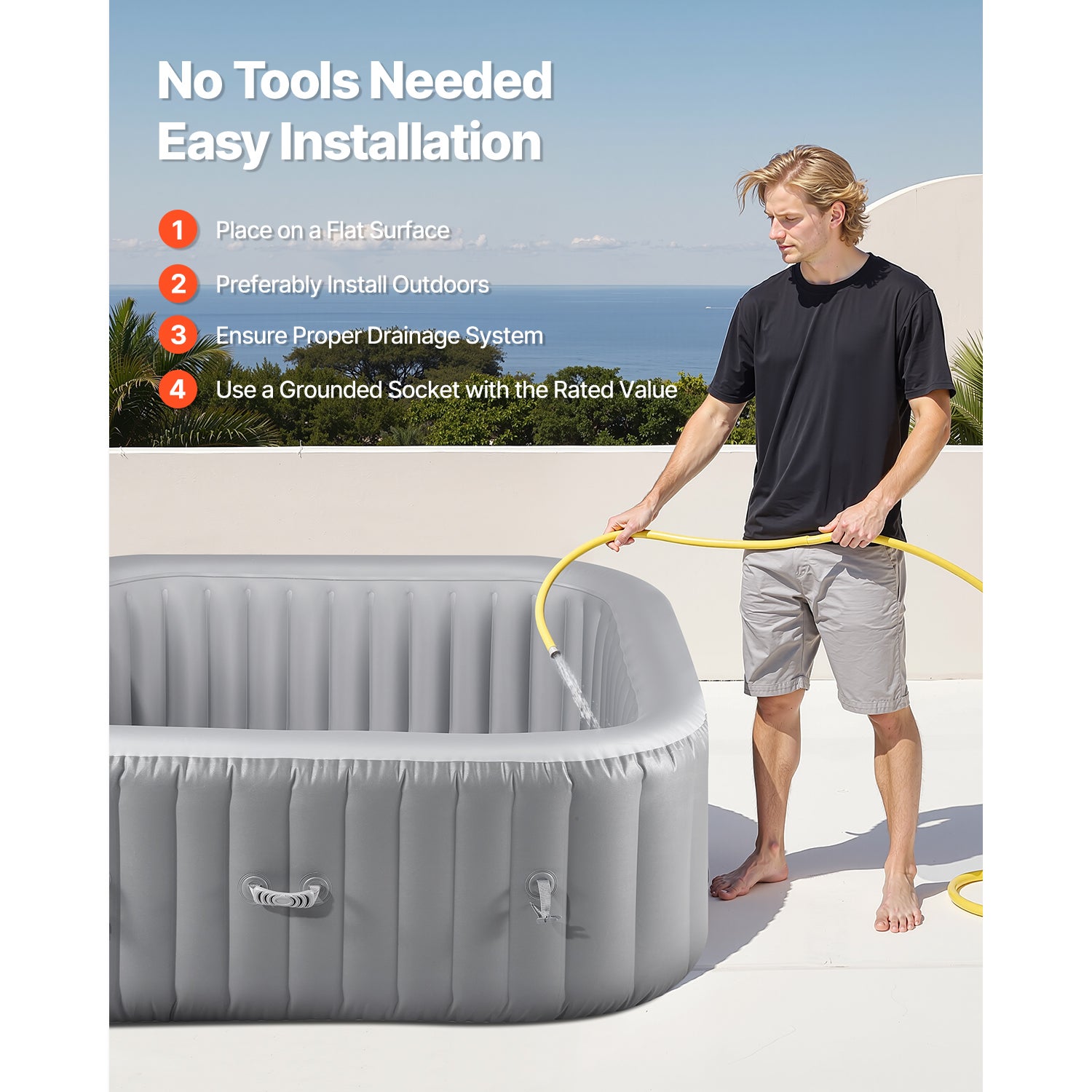 Bain à Remous Gonflable SucceBuy 2-4 Personnes 185x185x66 cm, 130 Bulles, 910 L, Chauffage 220V, PVC Renforcé, Gris - 8