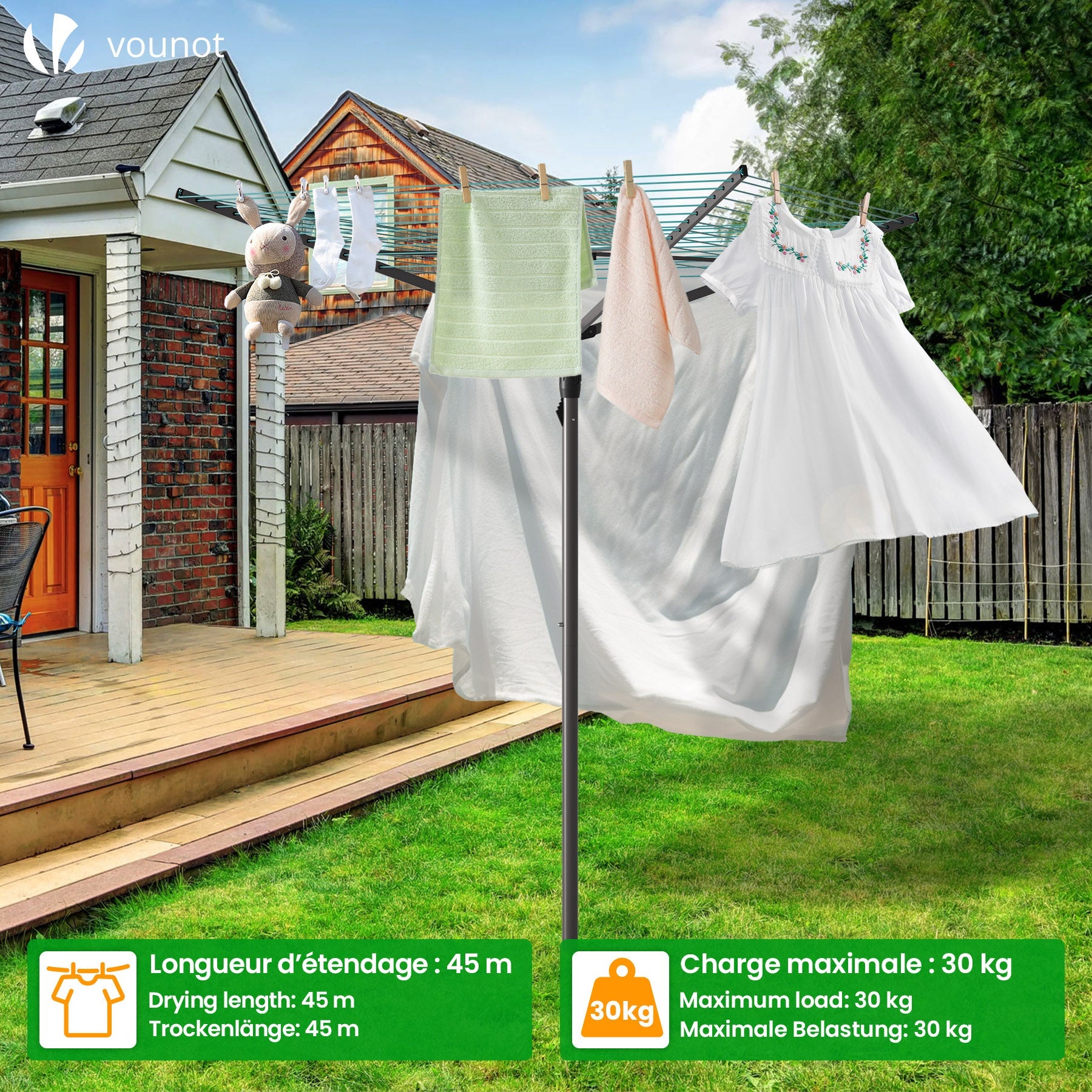 Étendoir à linge extérieur rotatif 45m avec housse de protection - Séchoir parapluie grande surface d'étendage - Gris - VOUNOT® - 2