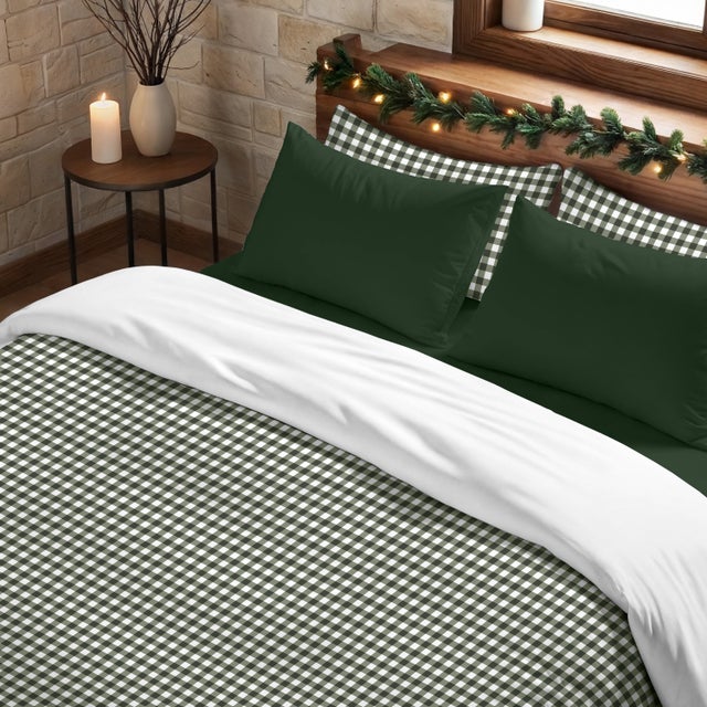 Housse de couette avec boutons-pression 100 % coton Vichy Vert - 140x200 cm