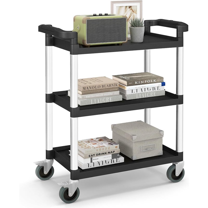 Wózek na Kółkach z 3 Poziomami, Aluminiowy Wózek na Kółkach z 2 Uchwytami, 4 Kółkami Uniwersalnymi i 2 Kółkami z Blokadą, Nośność 225 kg