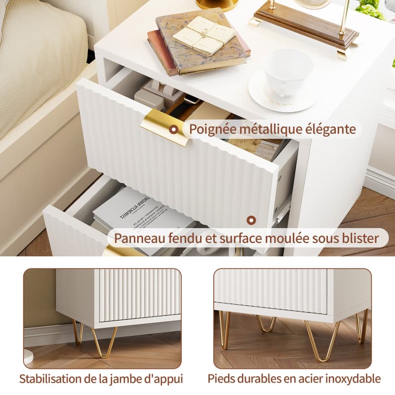 Lot De 2 Table de Chevet, Table de Nuit avec 2 tiroir en Bois Moderne pour Chambre à Coucher, Salon - 8