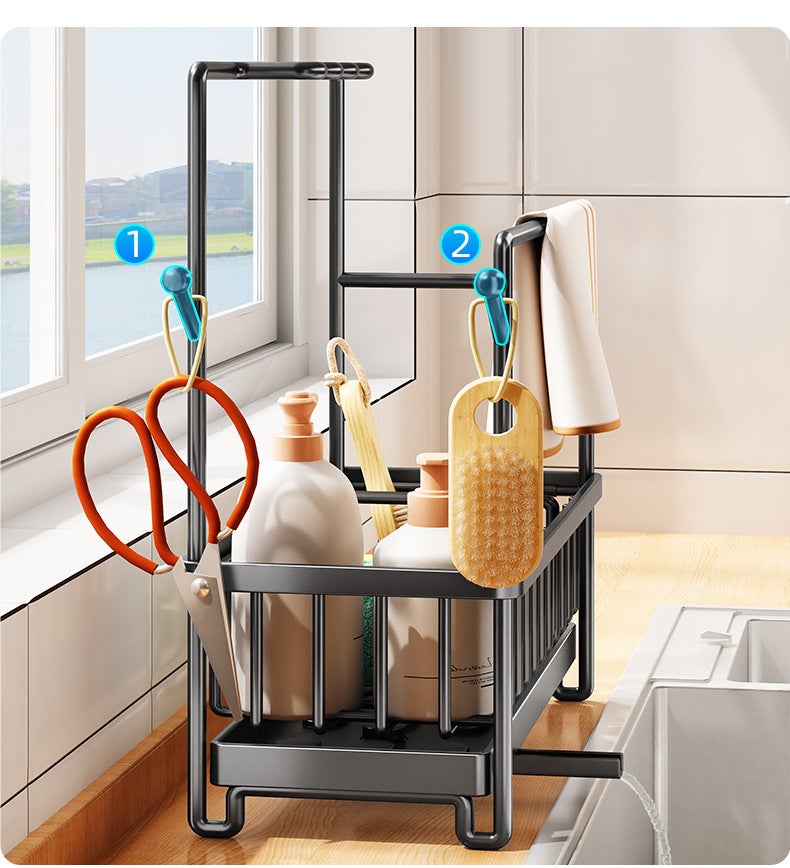 Organizador de fregadero, organizador de cocina de acero inoxidable con bandeja de drenaje extraíble, divisores extraíbles,colgador de paños de cocina - 3