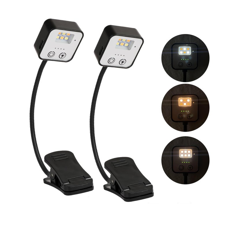 2 sztuki lampek LED do czytania, przypinana lampka do czytania książek, ładowalna, trójkolorowa, czarna