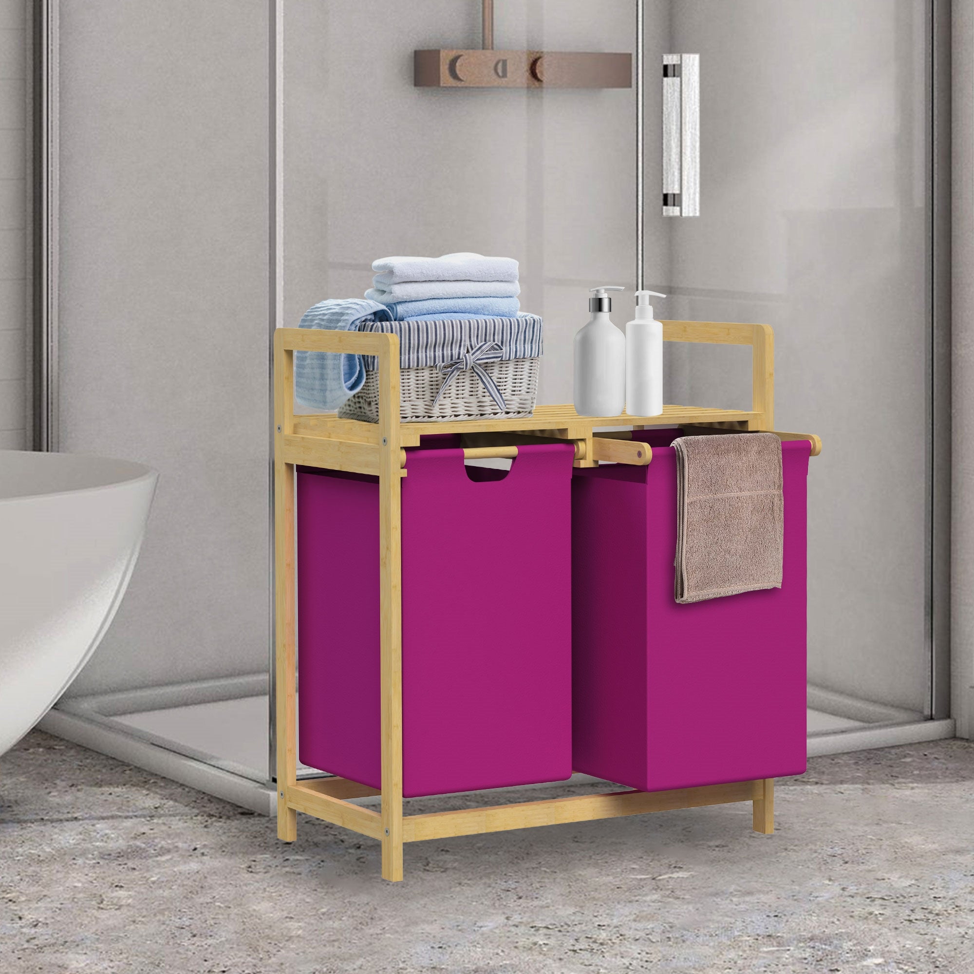 ML-Design kosz na pranie wykonany z bambusa, bezowy, pojemnik na pranie z 2 przegrodami, pojemnik na pranie z 2 wysuwanymi workami na pranie 60 L,