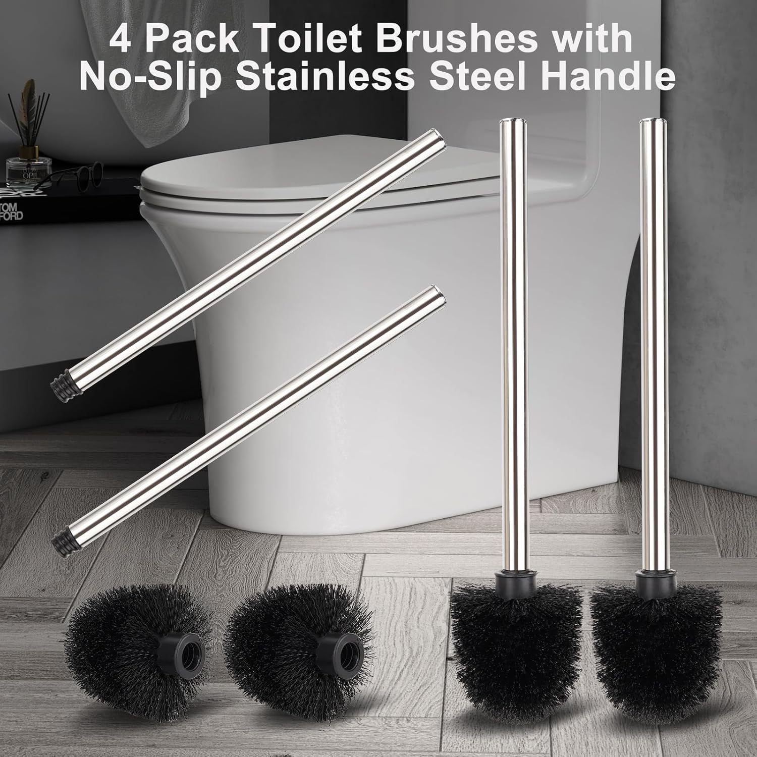 Scopino WC 4 Pezzi - Manico Acciaio Inox, Testina Rimovibile, Setole Resistente - Foto 10