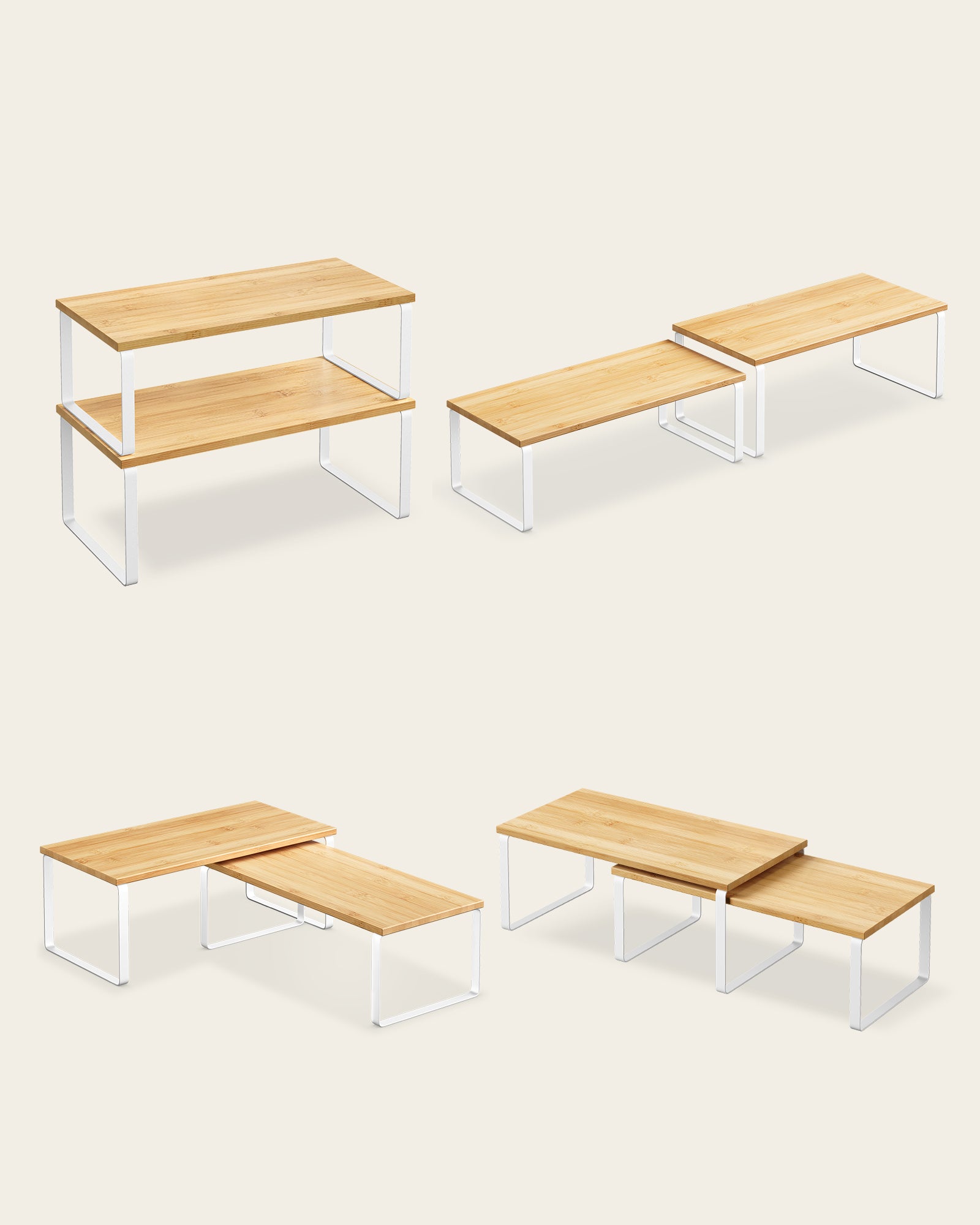 Organizadores de Cocina, Juego de 4 Estantes Apilables y Expandibles, Metal y Madera, Blanco y Beige - 7