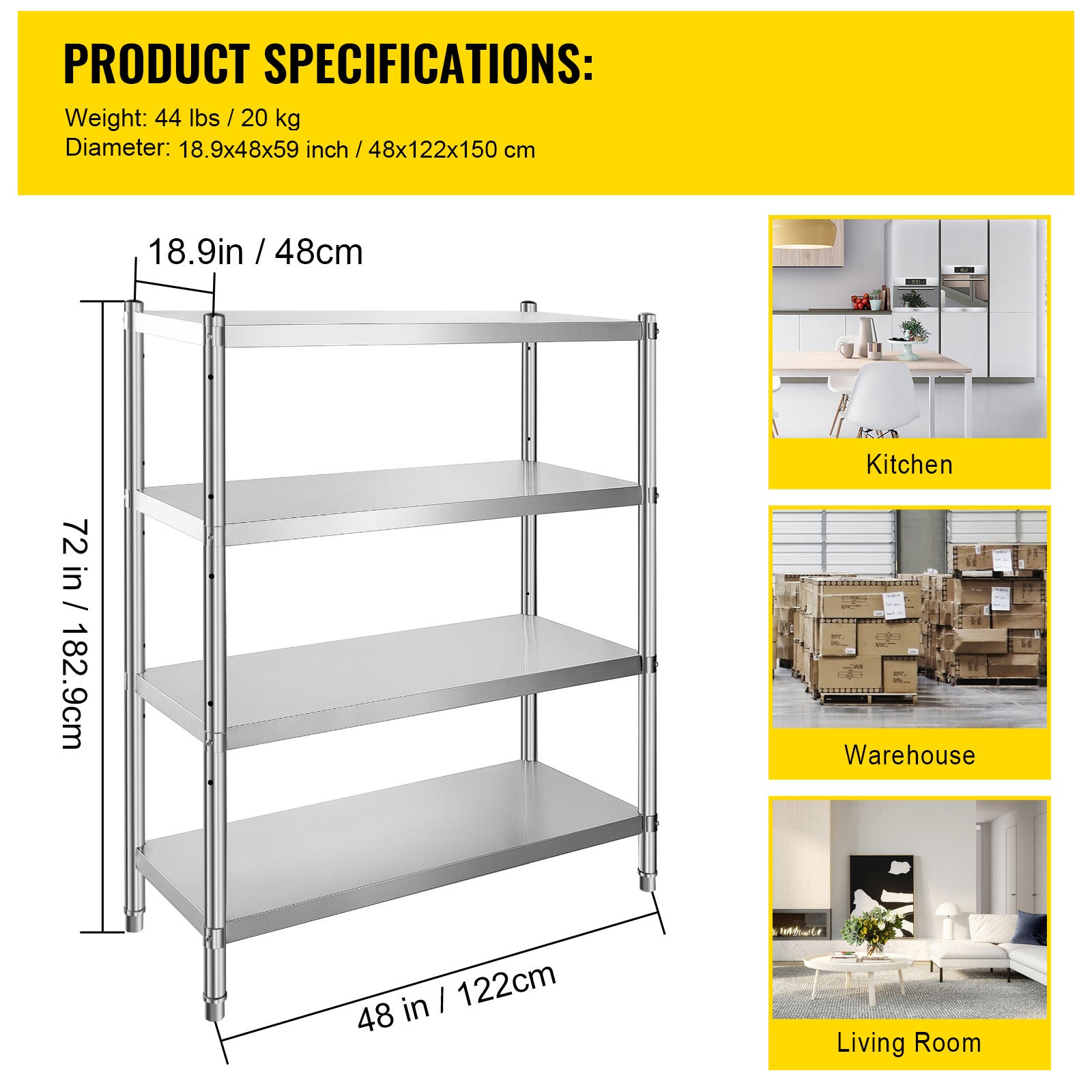Étagère à SucceBuy 4 niveaux en acier inoxydable 46,8 x 18,5 pouces,rangement réglable robuste pour cuisine,bureau,garage,capacité de 330 lb - 9