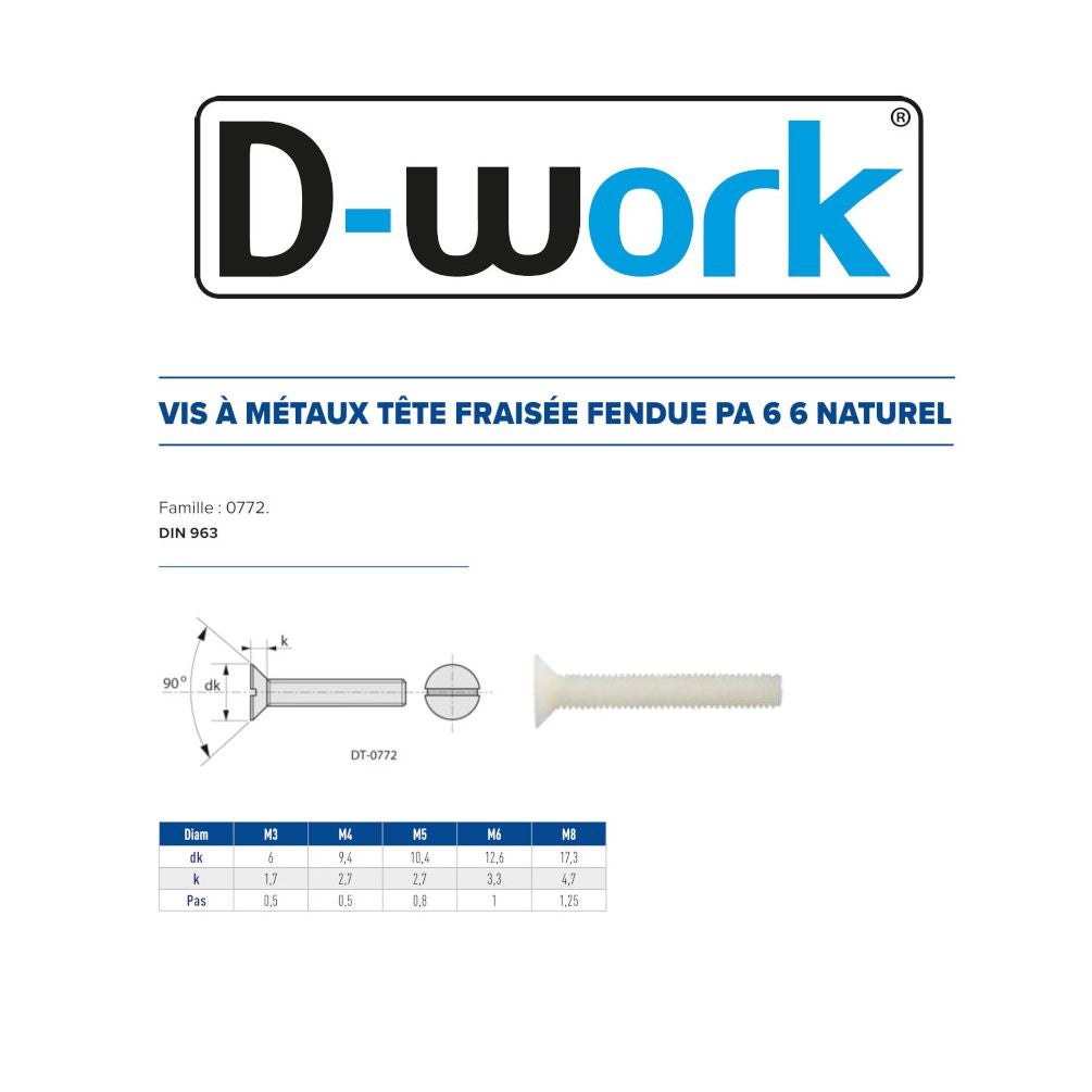 200 Vis Métaux Tête Fraisée Fendue 4 x 25 mm - DIN 963 - Polyamide - D-Work - 2