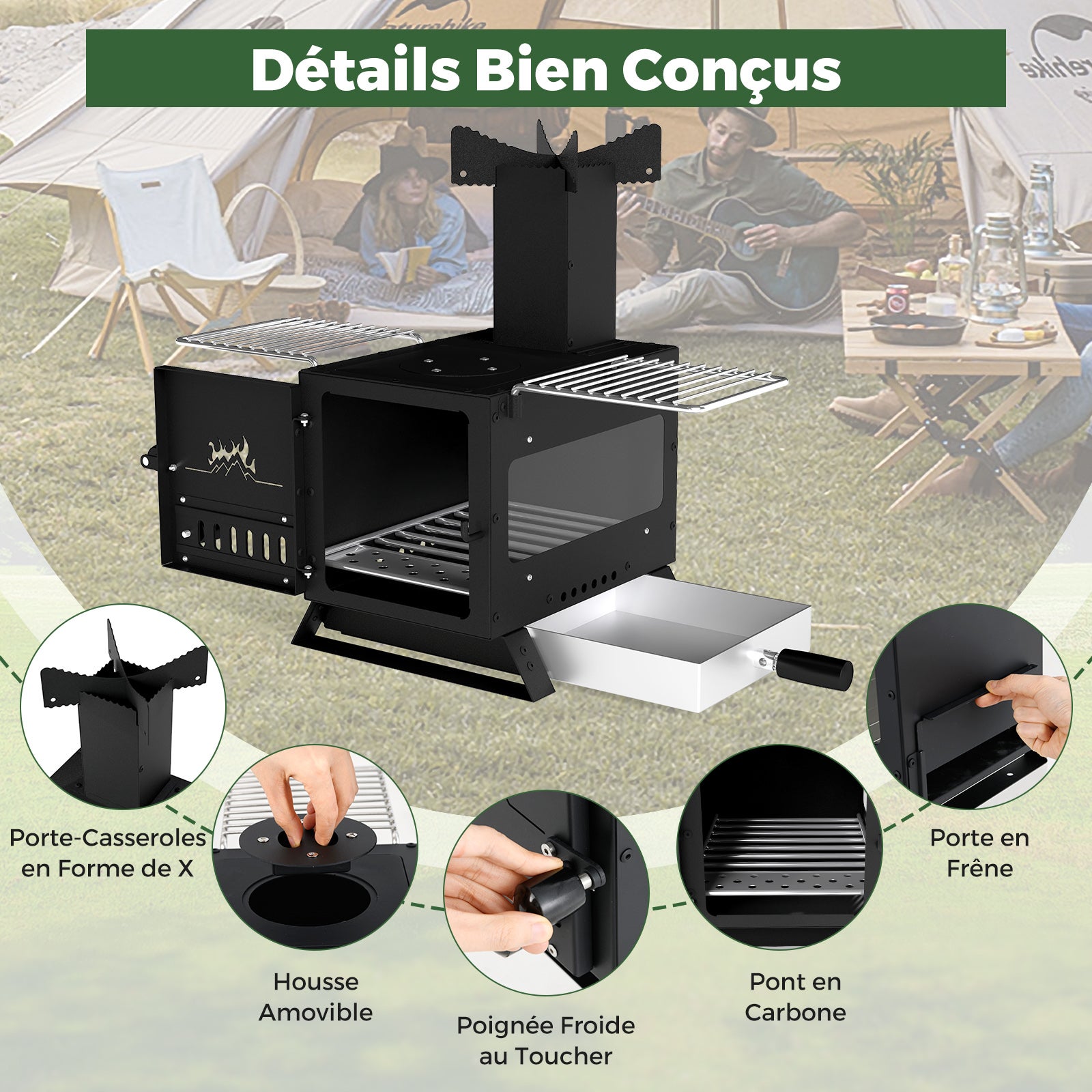Mini Poêle à Bois Portable avec 2 Grilles, Mini-brûleur Réchaud à Bois avec Vitre pour Camping, Pique-nique, Pêche et Barbecue, 54 x 36 x 44 cm - 9