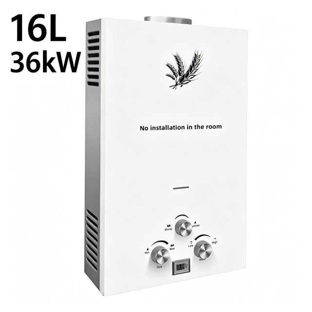 Calentador de agua instantáneo de GLP 16 L 36 kW, calentador de propano/butano con pantalla LED y protecciones de seguridad, para exterior, Blanco