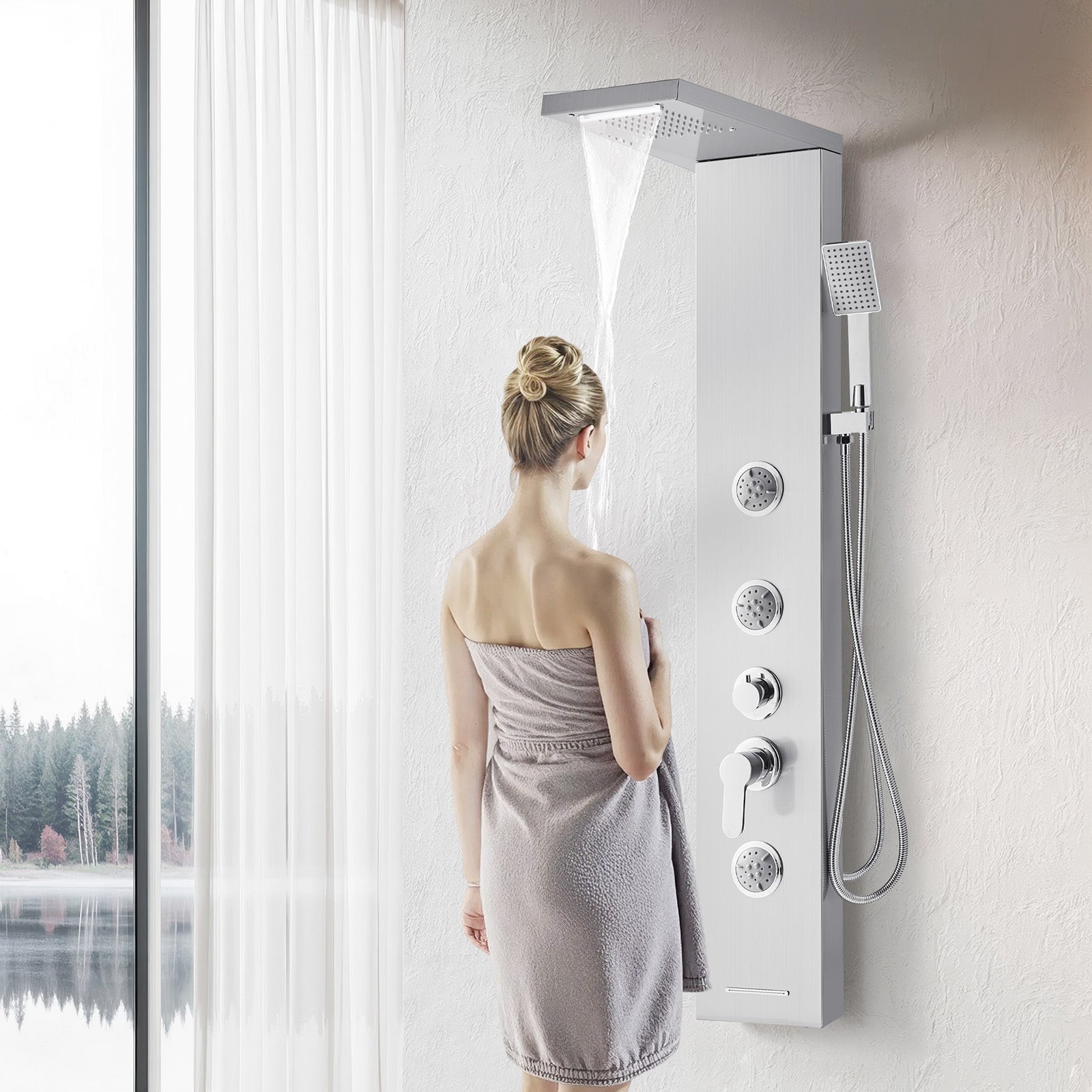 Coluna de Duche VEVOR em Aço Inoxidável Escovado, com Chuveiro de Efeito Chuva, Sistema de Painel de Parede, Torneira com 5 Funções - 8