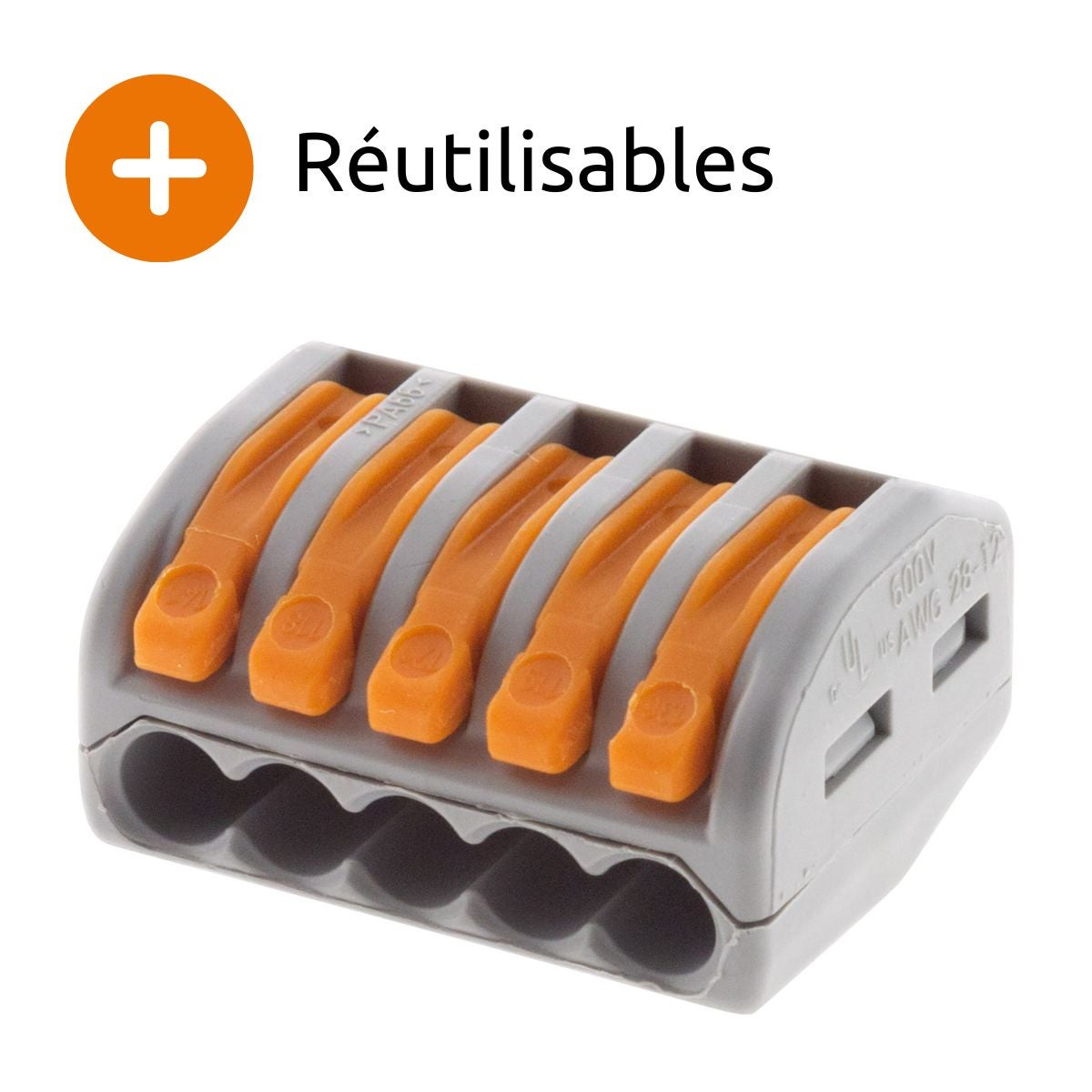 Lot de 10 bornes automatiques à cliquet S222 - 5 entrées – fils rigides et souples 4mm² max - Orange - Wago - 6