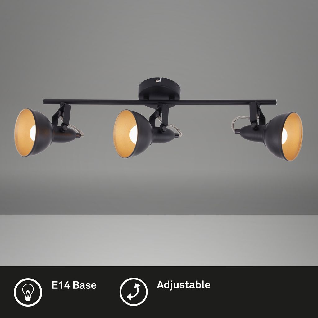 Plafonnier 3-flammes - IP20 - 554x100x181mm - Noir/Or - E14 max. 40W - orientable - Briloner - 3